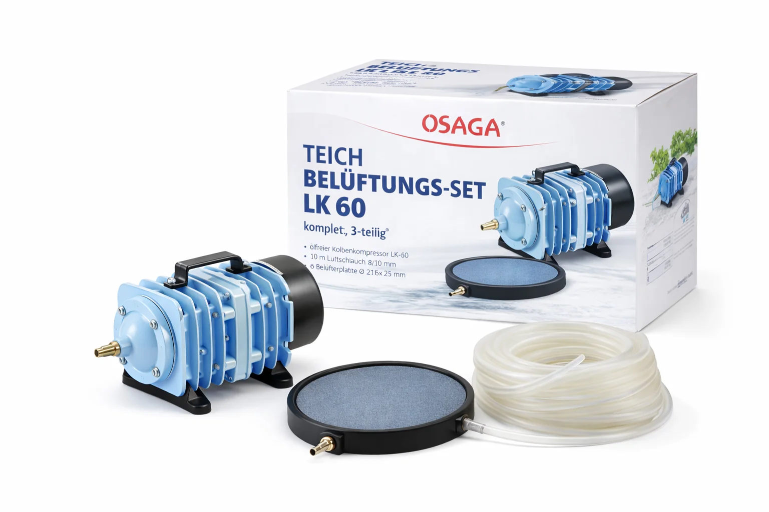Osaga Teich-Belüftungs-Set LK 60: blaues ölfreies Kolbenkompressor-Aggregat, runde Belüfterplatte, aufgewickelter transparenter Luftschlauch und Produktverpackung auf weißem Hintergrund