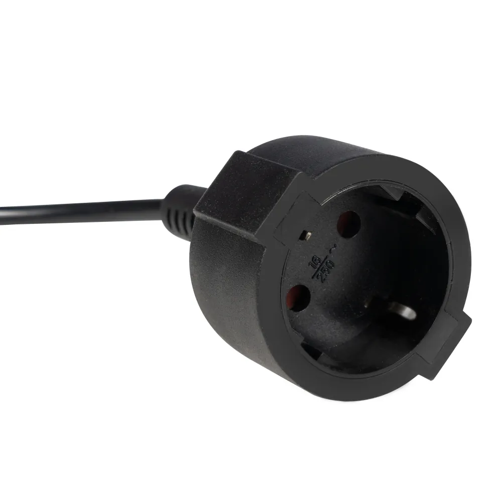 Schuko-Kupplung mit Kabel, schwarze runde Steckdose für 230 V Geräte