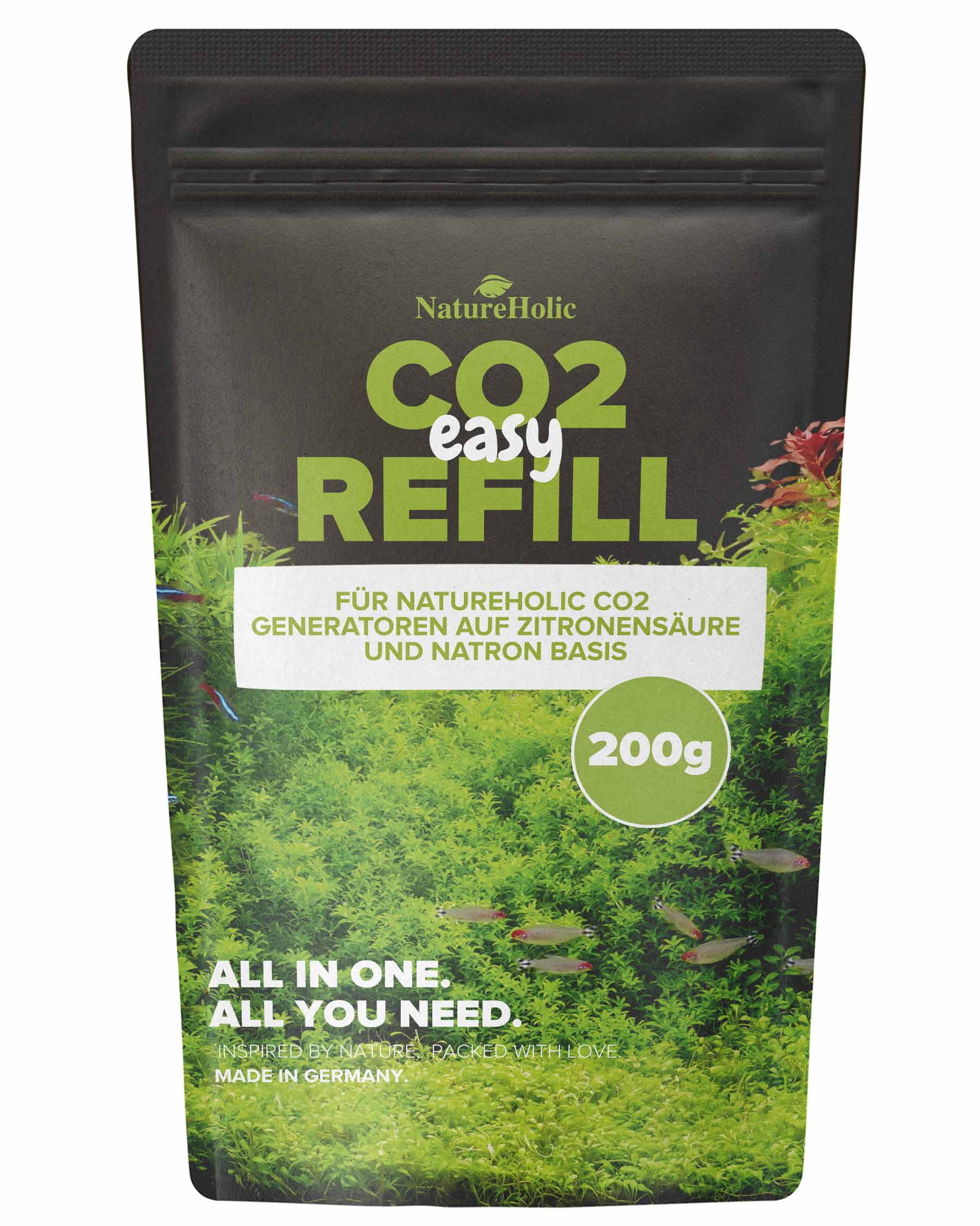 NatureHolic CO2 Easy Refill 200g Nachfüllpack für CO2-Generatoren auf Zitronensäure- und Natronbasis, Verpackung mit Aquarienpflanzenmotiv