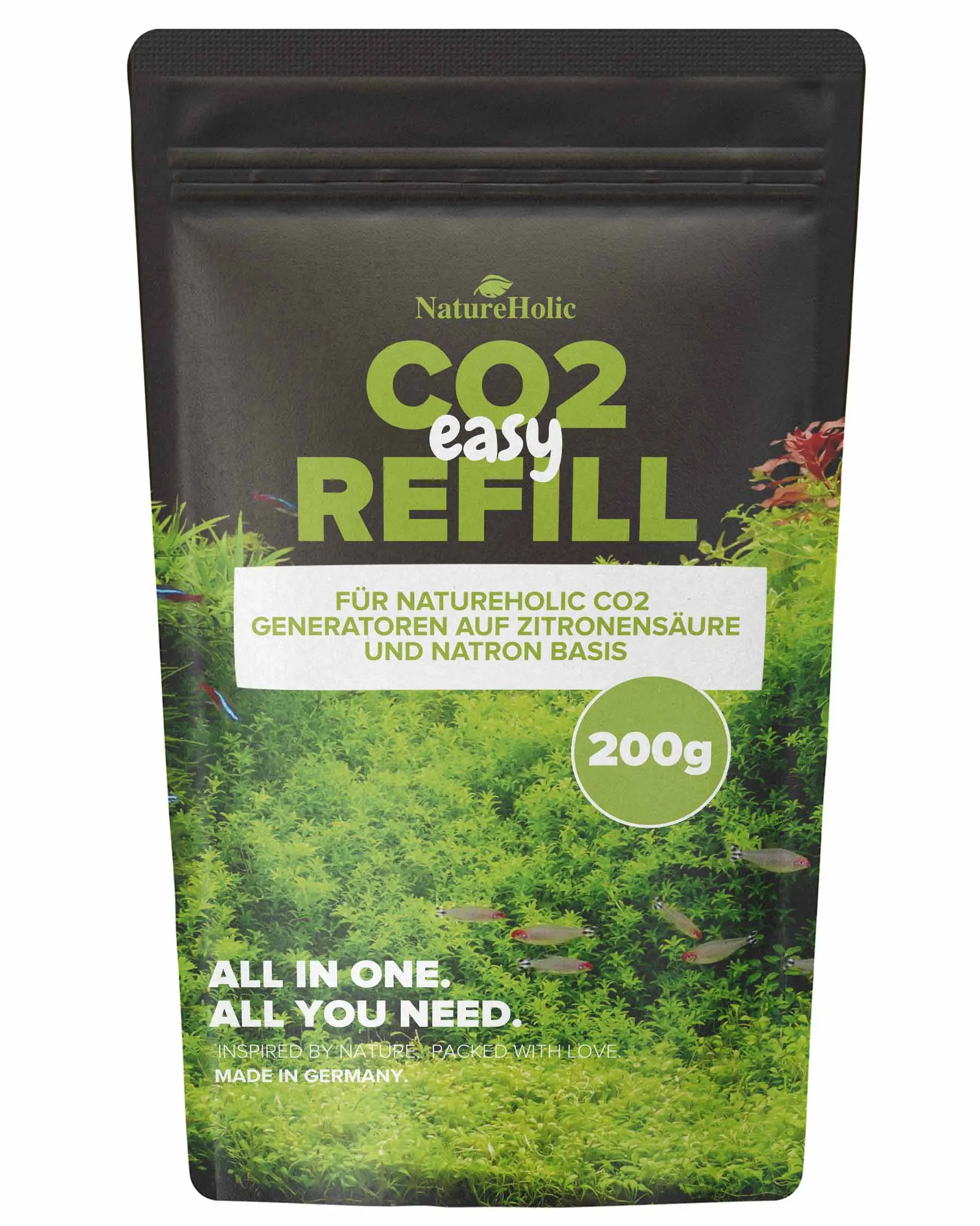 NatureHolic CO2 Easy Refill 200g Nachfüllpack für CO2-Generatoren auf Zitronensäure- und Natronbasis, Verpackung mit Aquarienpflanzenmotiv