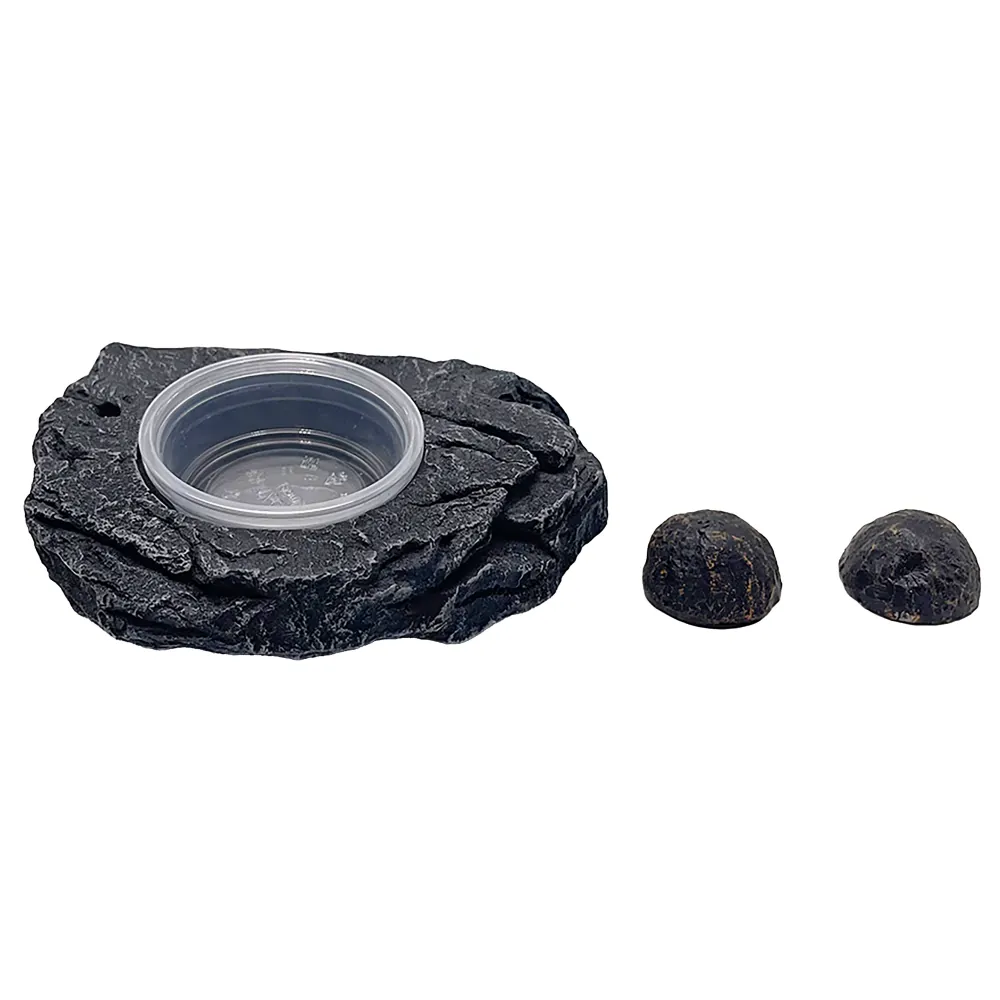 Hobby Gecko Station S: magnetische Futterplattform in grau-beiger Steinoptik mit herausnehmbarem Napf (13×9×4,5 cm) zur Befestigung an der Terrarienscheibe; inkl. zwei Neodym-Magnete