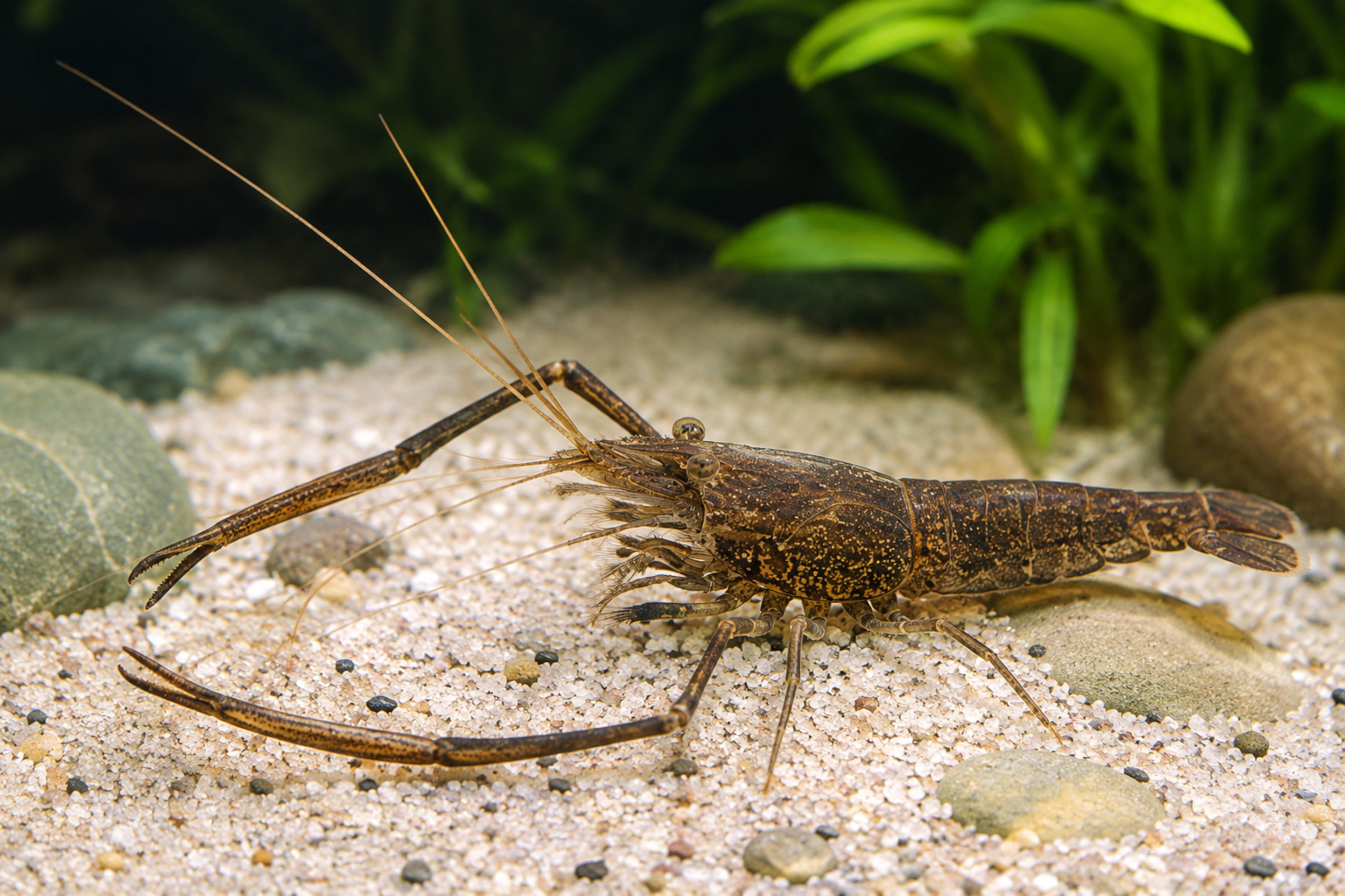 Nahaufnahme einer marmorierten Braunarmgarnele (Macrobrachium asperulum) auf Sandboden mit langen Antennen und ausgeprägten Scheren, ideal für strukturierte Aquarien mit vielen Verstecken