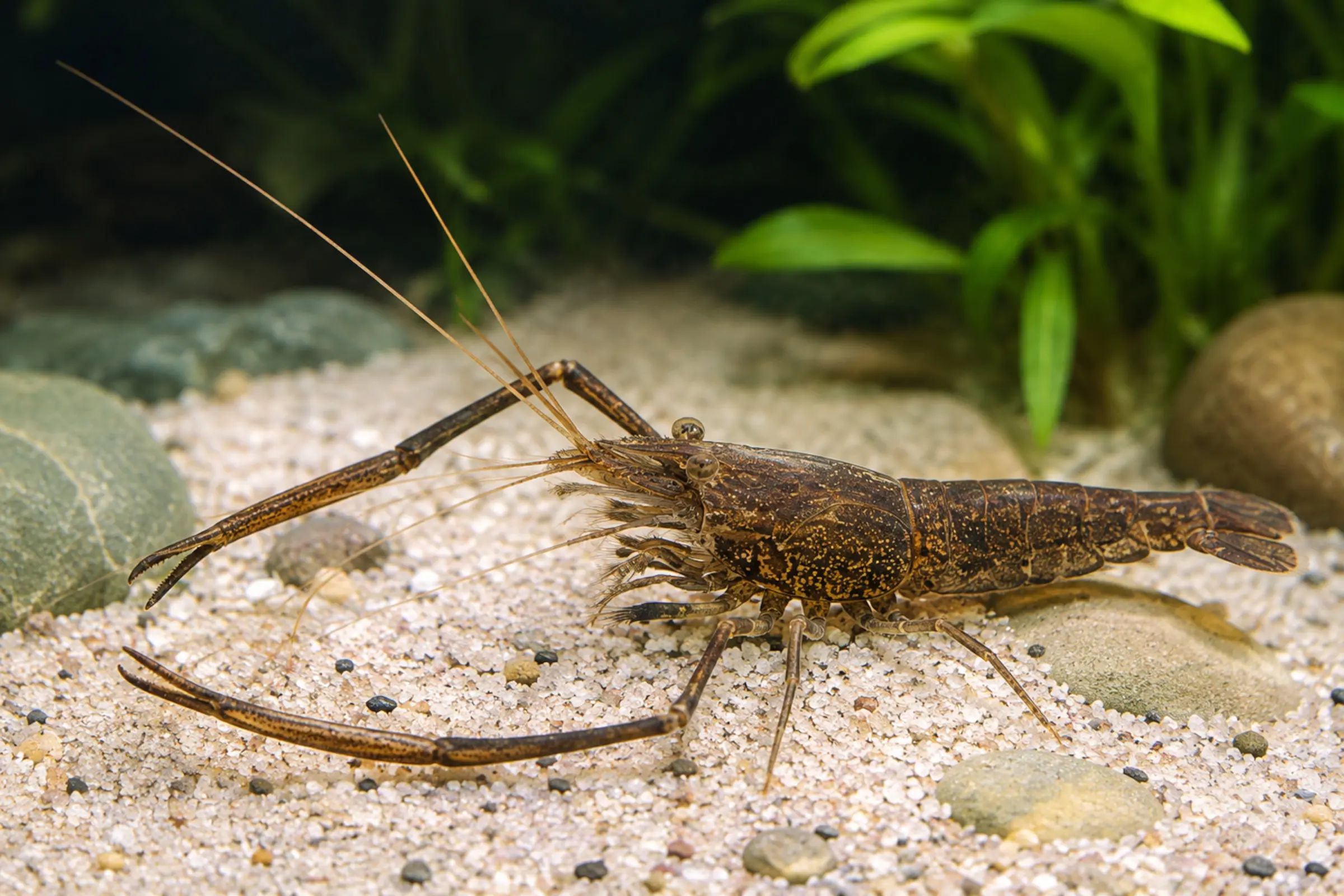 Nahaufnahme einer marmorierten Braunarmgarnele (Macrobrachium asperulum) auf Sandboden mit langen Antennen und ausgeprägten Scheren, ideal für strukturierte Aquarien mit vielen Verstecken