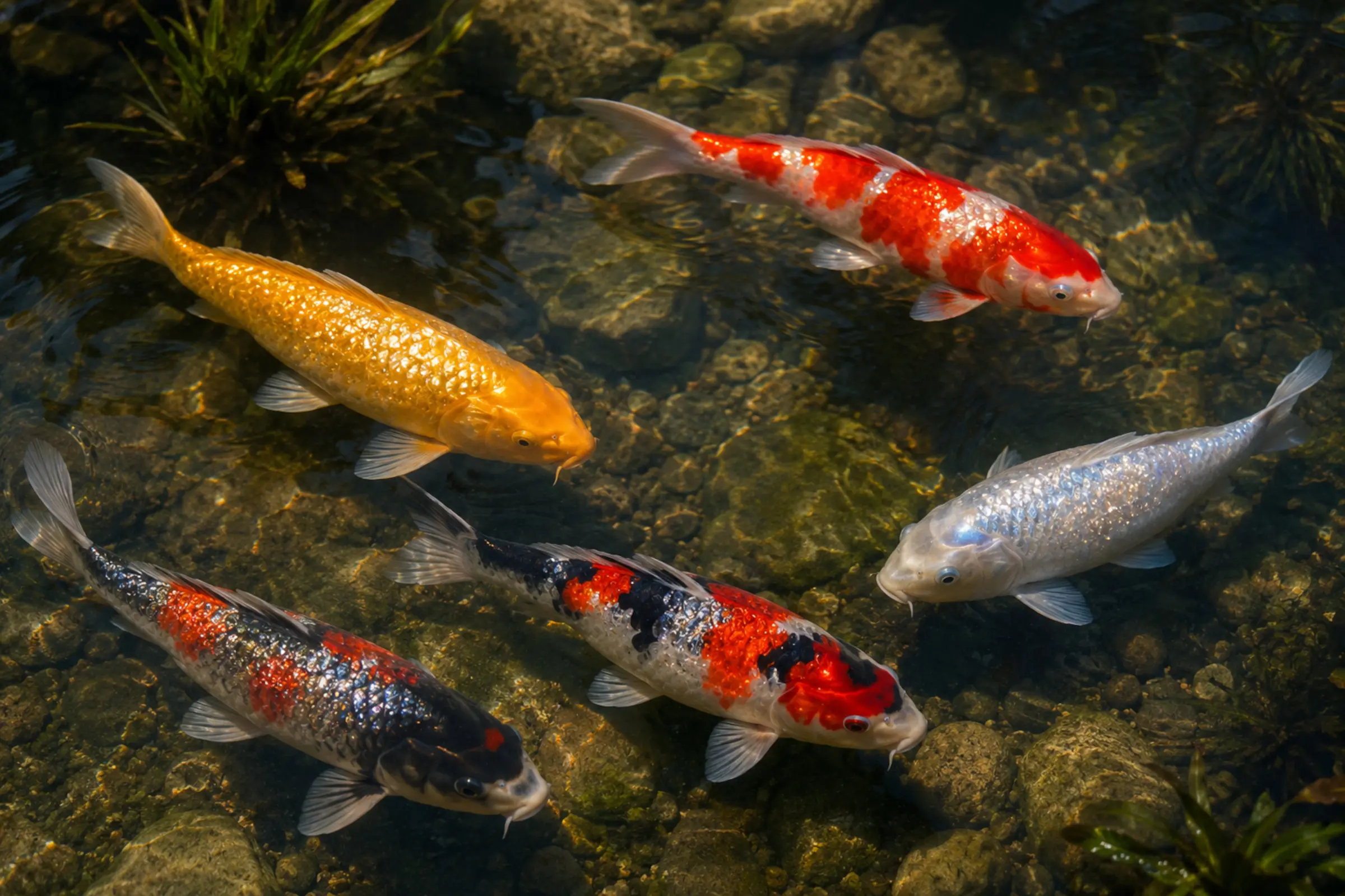 Koi Ginrin-Mix (Cyprinus carpio): mehrere Glitzerschuppen-Koi in Rot, Gold und Silber schwimmen im klaren Gartenteich – dekorative Gin Rin Koi für Teiche