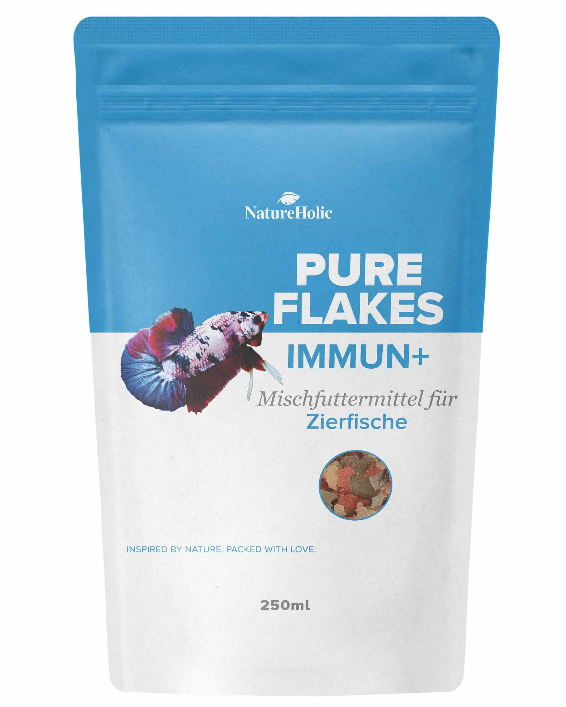 Packung NatureHolic Pure Flakes Immun+ 250 ml, blau-weißes Standbeutel-Design mit Fischmotiv; vitalstoffreiches Flockenfutter zur Unterstützung des Immunsystems (Beta-Glucane aus Hefe, natürliche Aloe-Vera-Extrakte) für Zierfische und Wirbellose