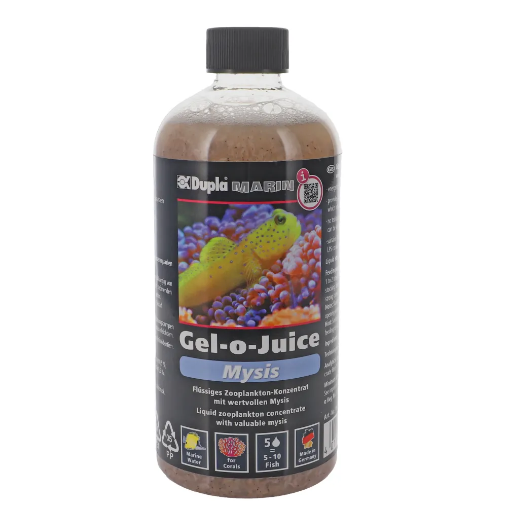 Foto einer 500-ml-Flasche Dupla Marin Gel-o-Juice Mysis, flüssiges Meerwasserfutter mit wertvollen Mysis, schwarzes Etikett mit Fischmotiv, Hersteller Dupla