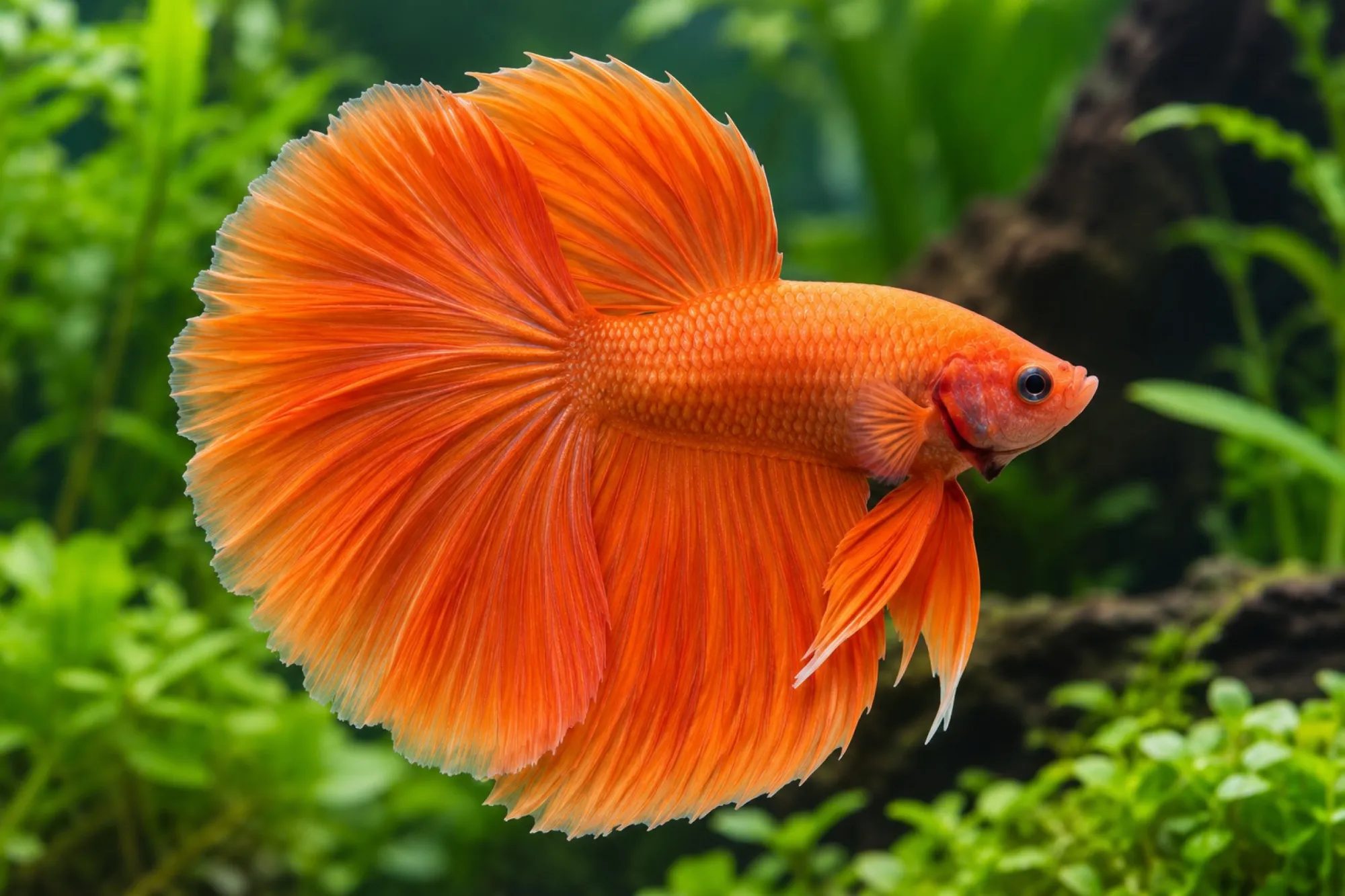 Oranger Halfmoon-Kampffisch, Männchen, Betta splendens