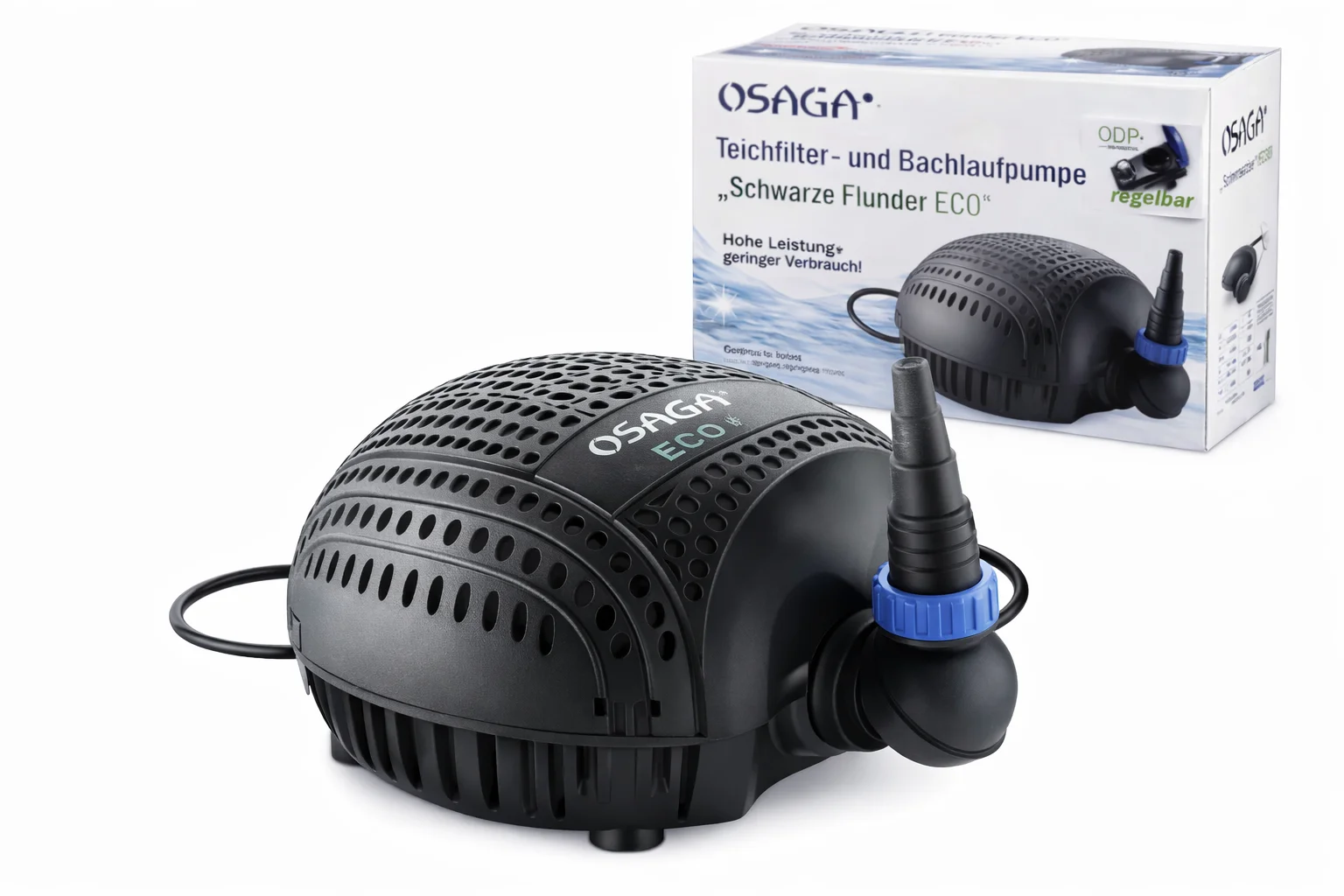 Osaga 'Schwarze Flunder ECO' Teich- und Bachlaufpumpe in Nahaufnahme vor Verpackung, schwarzes belüftetes Gehäuse mit Anschlussstutzen und blauem Befestigungsring