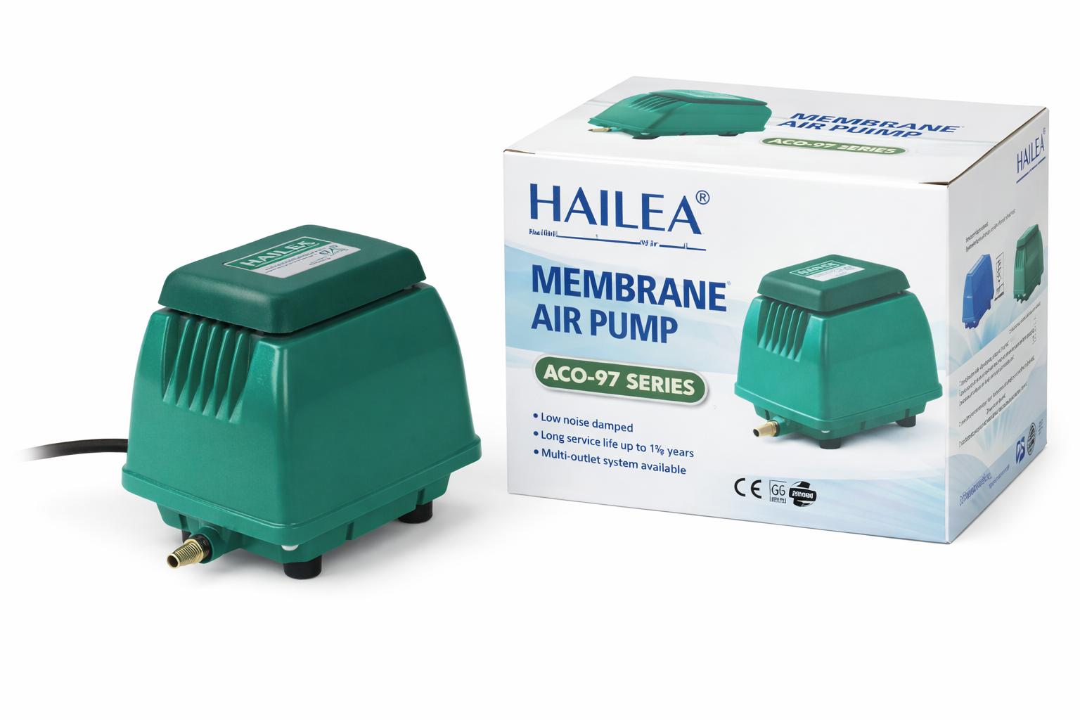 Hailea Membran-Luftpumpe ACO-97 Series, kompaktes grünes Modell mit Anschlussstutzen und Netzkabel, freigestellt neben der Produktverpackung