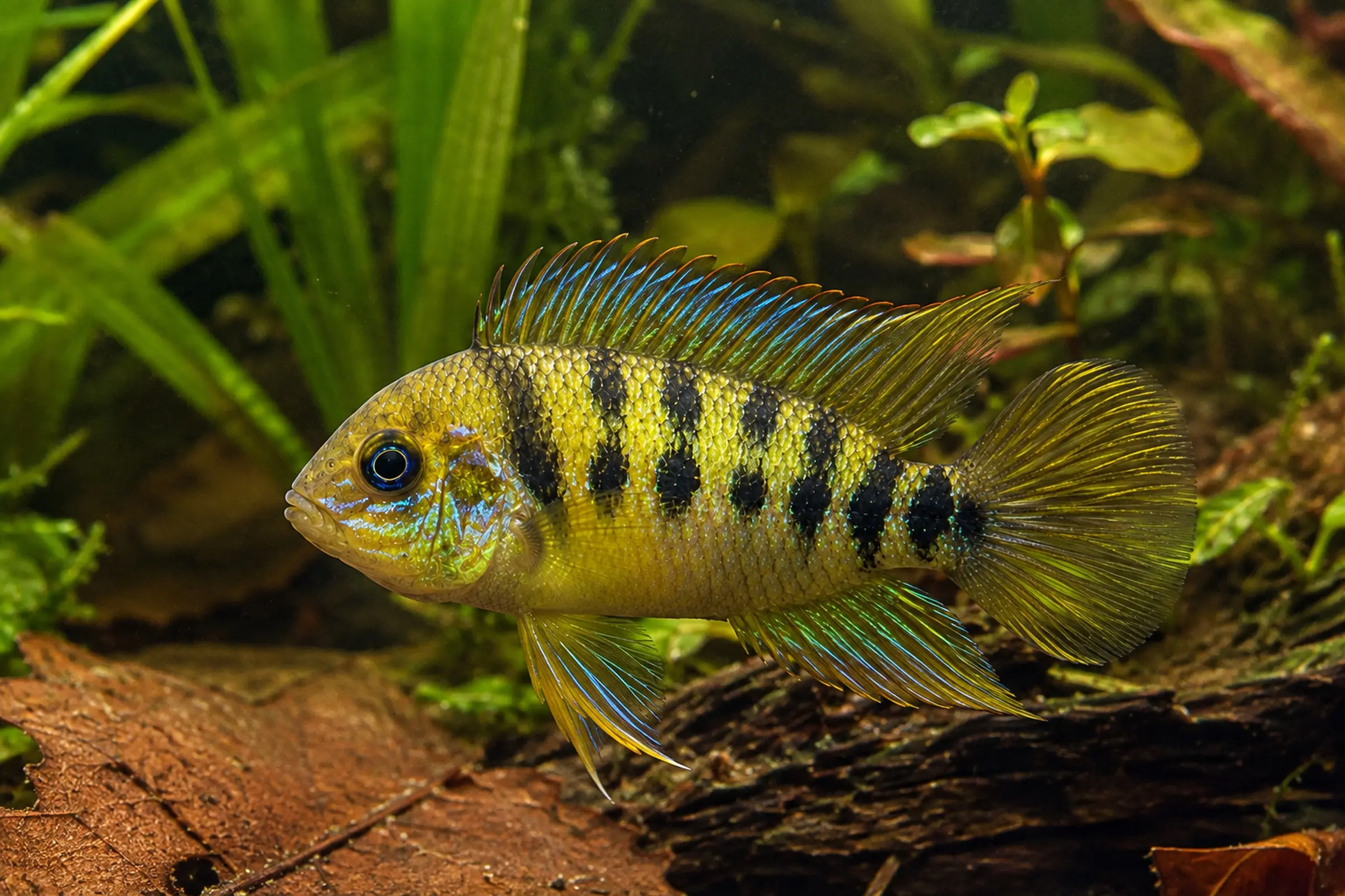 Seitliche Nahaufnahme eines Goldgelben Zwergbuntbarschs (Amatitlania nanolutea) im bepflanzten Aquarium; gelbe Schuppen mit dunklen Streifen und leuchtend blauen/gelben Flossen, geeignet für 100cm+ Aquarien, robuste, pflegeleichte Art