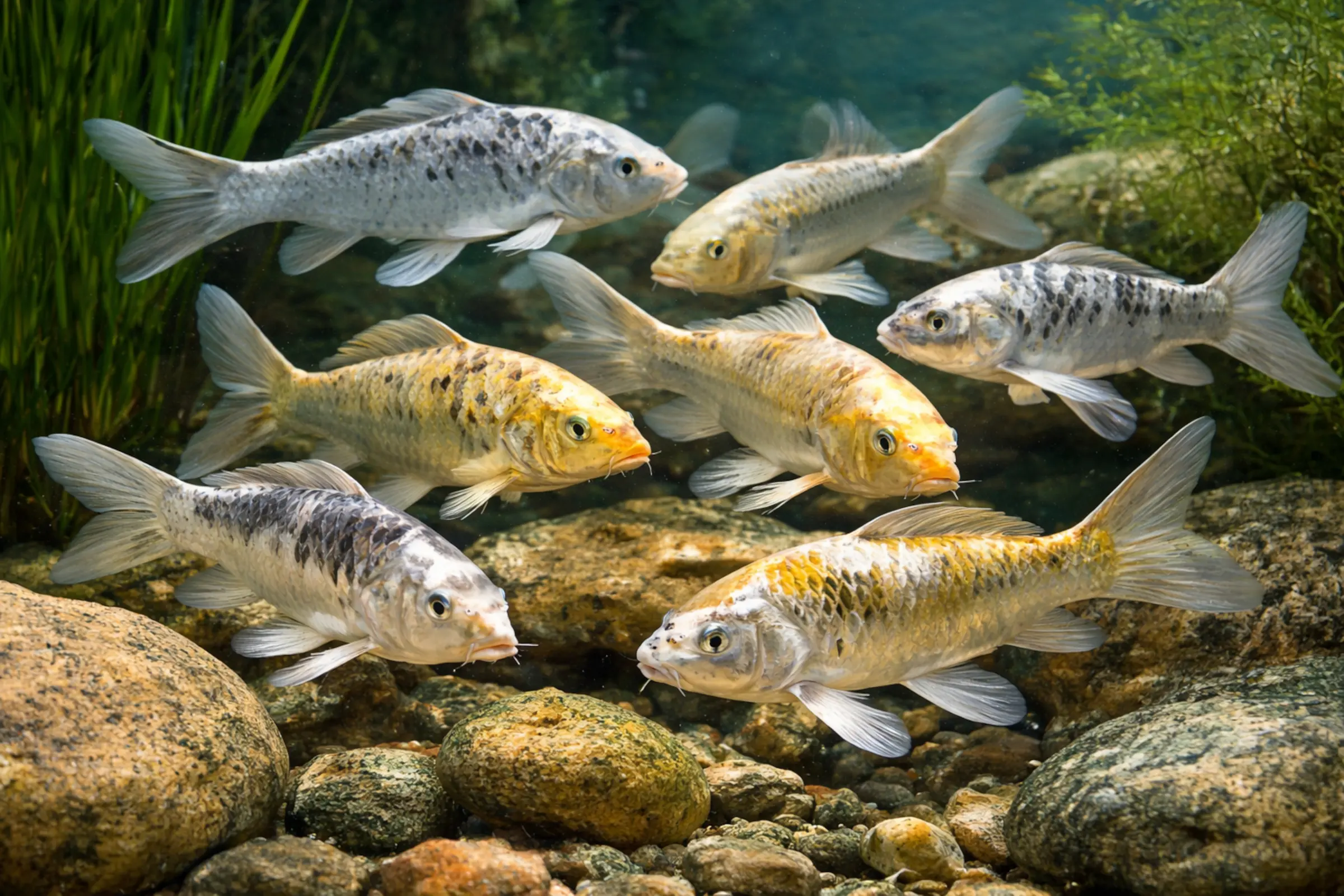Mehrere Koi-Karpfen (Zierkarpfen) in klarem Teichwasser, schwimmend über Kies und Steinen, umgeben von Wasserpflanzen