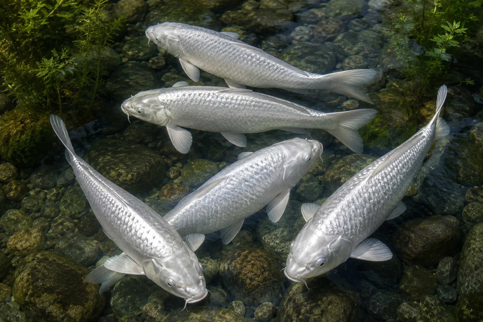 Platin Ogon Koi (Cyprinus carpio), silberweiß glänzende Koi-Gruppe über kiesigem Teichboden mit Wasserpflanzen – ideal als Platin Ogon / Platinum Koi für gepflegte Gartenteiche