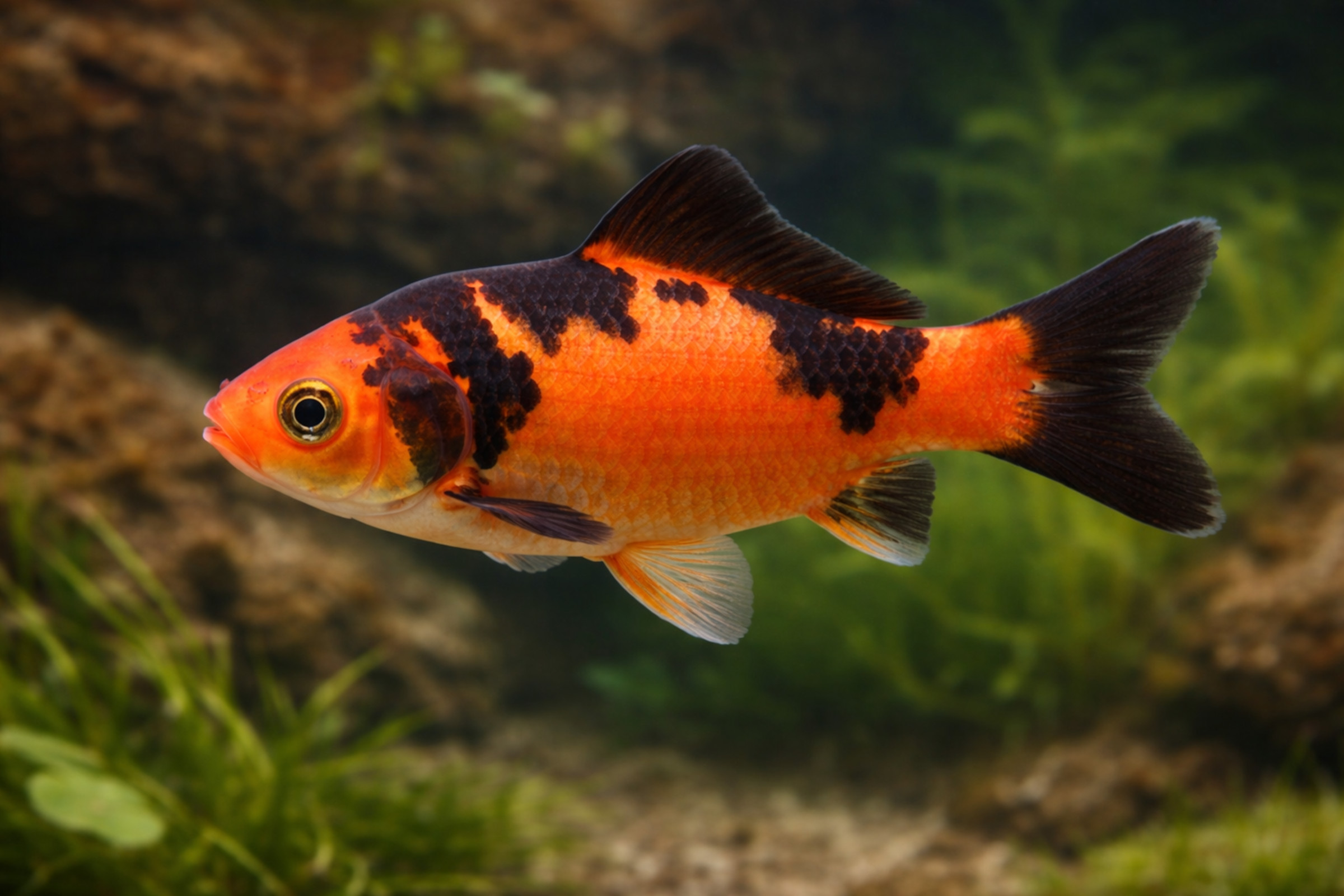 Rot‑schwarzer Goldfisch (Carassius auratus), 7–10 cm, leuchtend orange‑rote Körperfärbung mit markanten schwarzen Flecken, Kaltwasser‑Teichbewohner