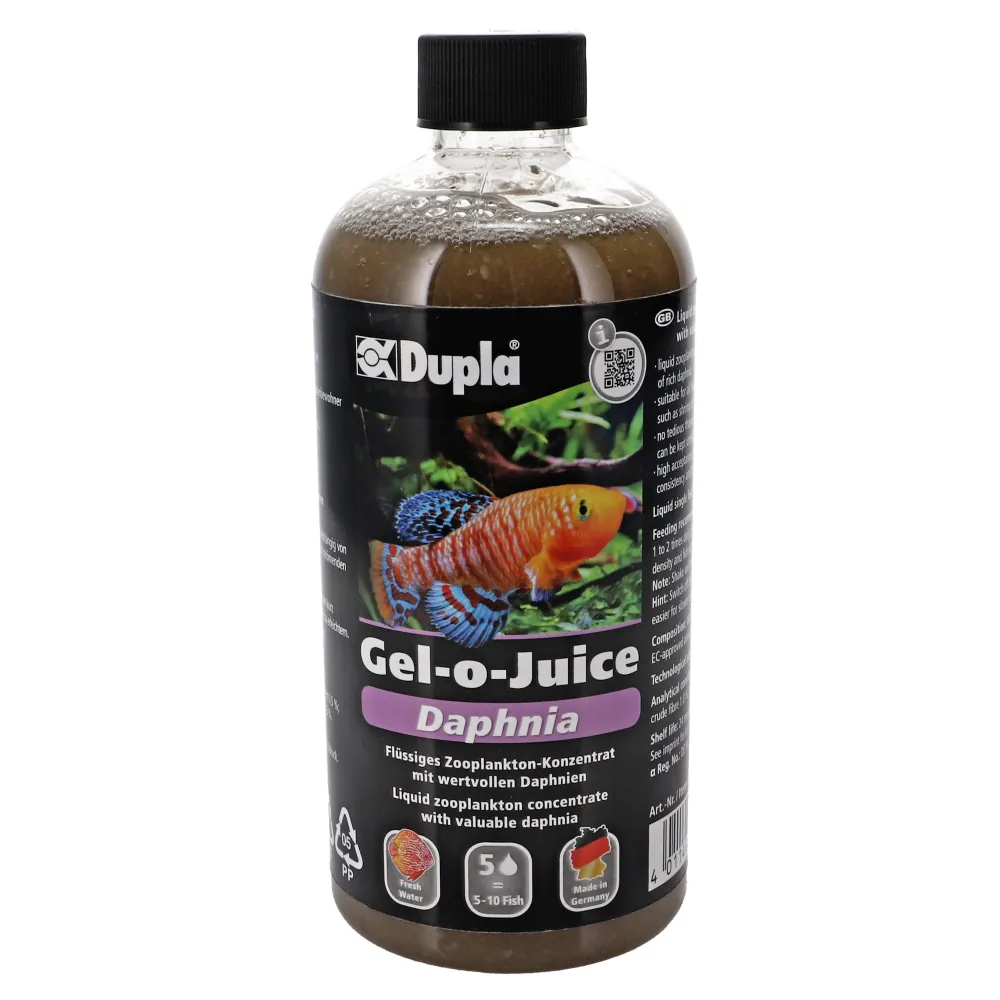 Transparente Flasche Dupla Gel-o-Juice Daphnia mit schwarzem Verschluss; schwarzes Etikett zeigt bunten Zierfisch und Hinweis auf flüssiges Zooplankton-Konzentrat mit Daphnien