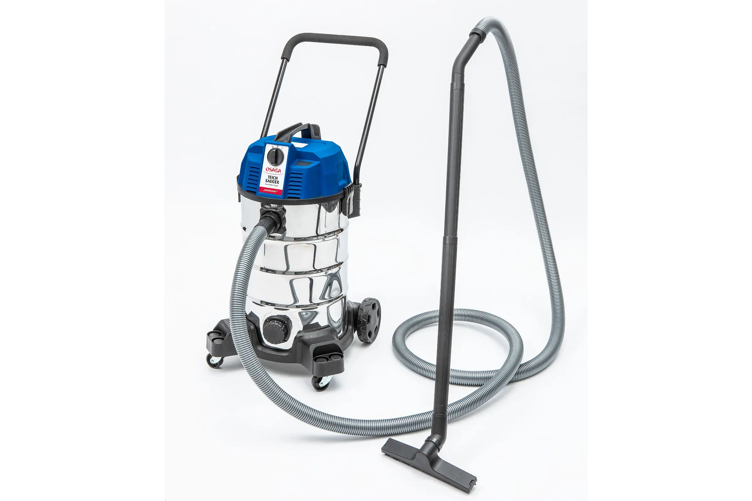 OSAGA SAUGOFANT Teichsauger mit Edelstahl-Behälter, Schlauch, Teleskoprohr und Fahrgestell – kräftiger Helfer gegen Mulm, Matsch und Teichschlamm