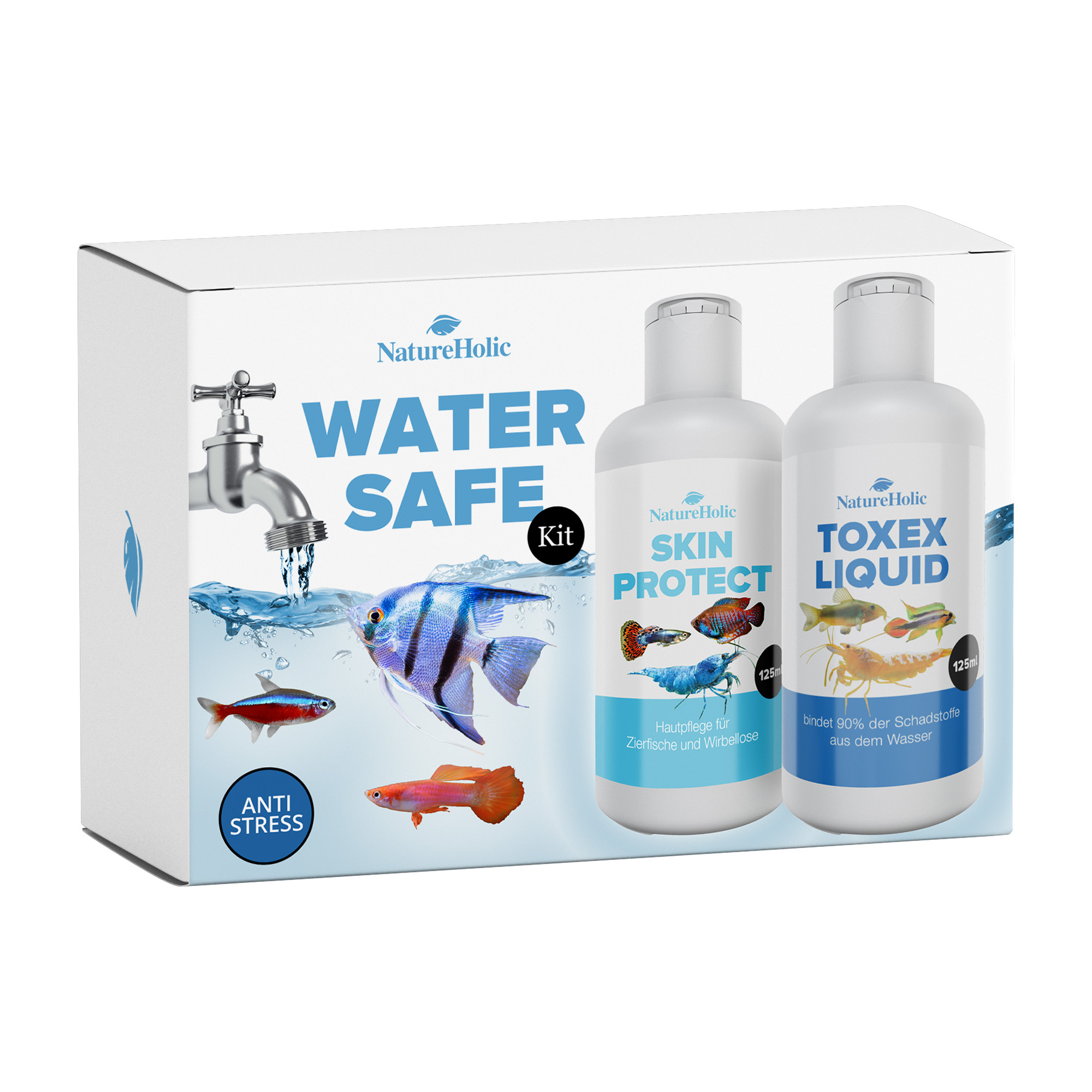 Water Safe Kit mit zwei Flaschen und Fischen