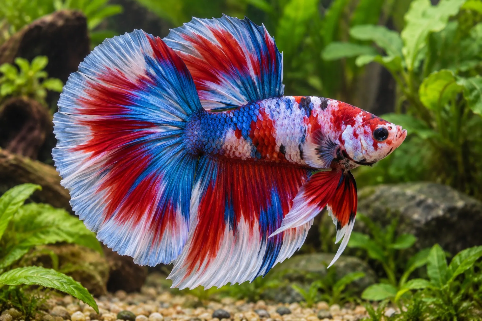 Halfmoon-Marmor-Kampffisch im Farbmix, Männchen, Betta splendens
