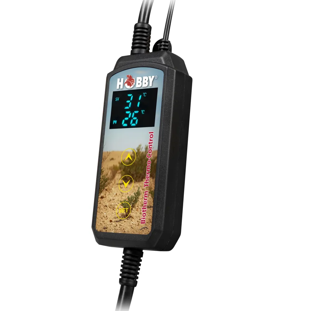 Hobby Biotherm Thermo Control: digitales Terrarium-Thermostat mit beleuchtetem Display, Bedientasten und Anschlusskabel zur präzisen Temperaturregelung (PID) für Reptilien, Amphibien und Pflanzen