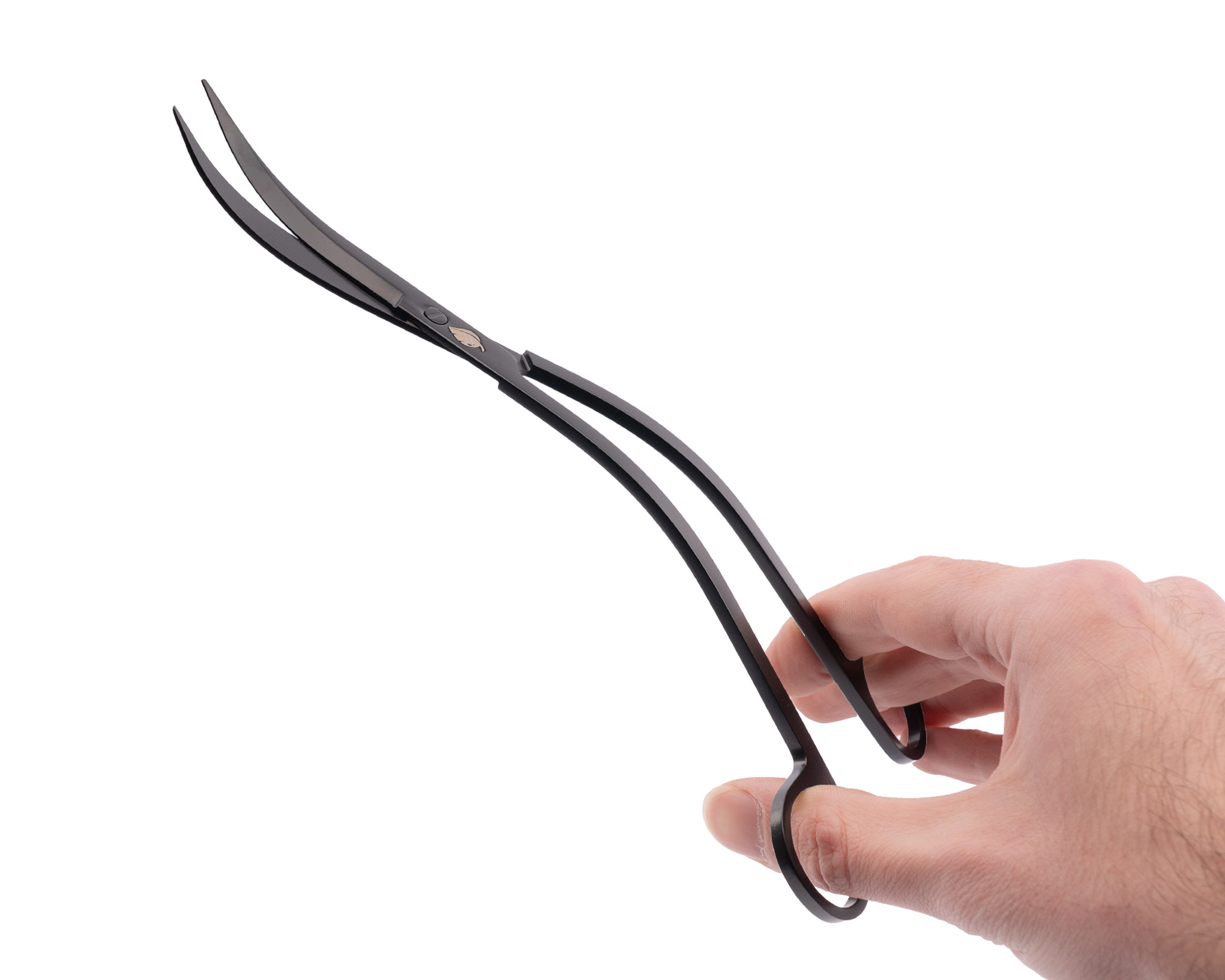 Hand hält schwarze gebogene Schere mit langen Klingen