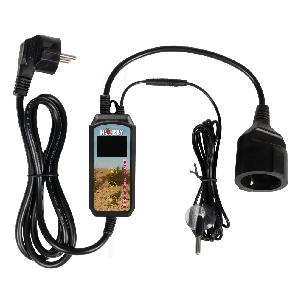 Hobby Biotherm Thermo Control digitales Terrarium-Thermostat: kompaktes Steuergerät mit Display, Temperaturfühler, Netzanschluss und Steckdose zur PID-geregelten Temperaturkontrolle für Reptilien und Amphibien