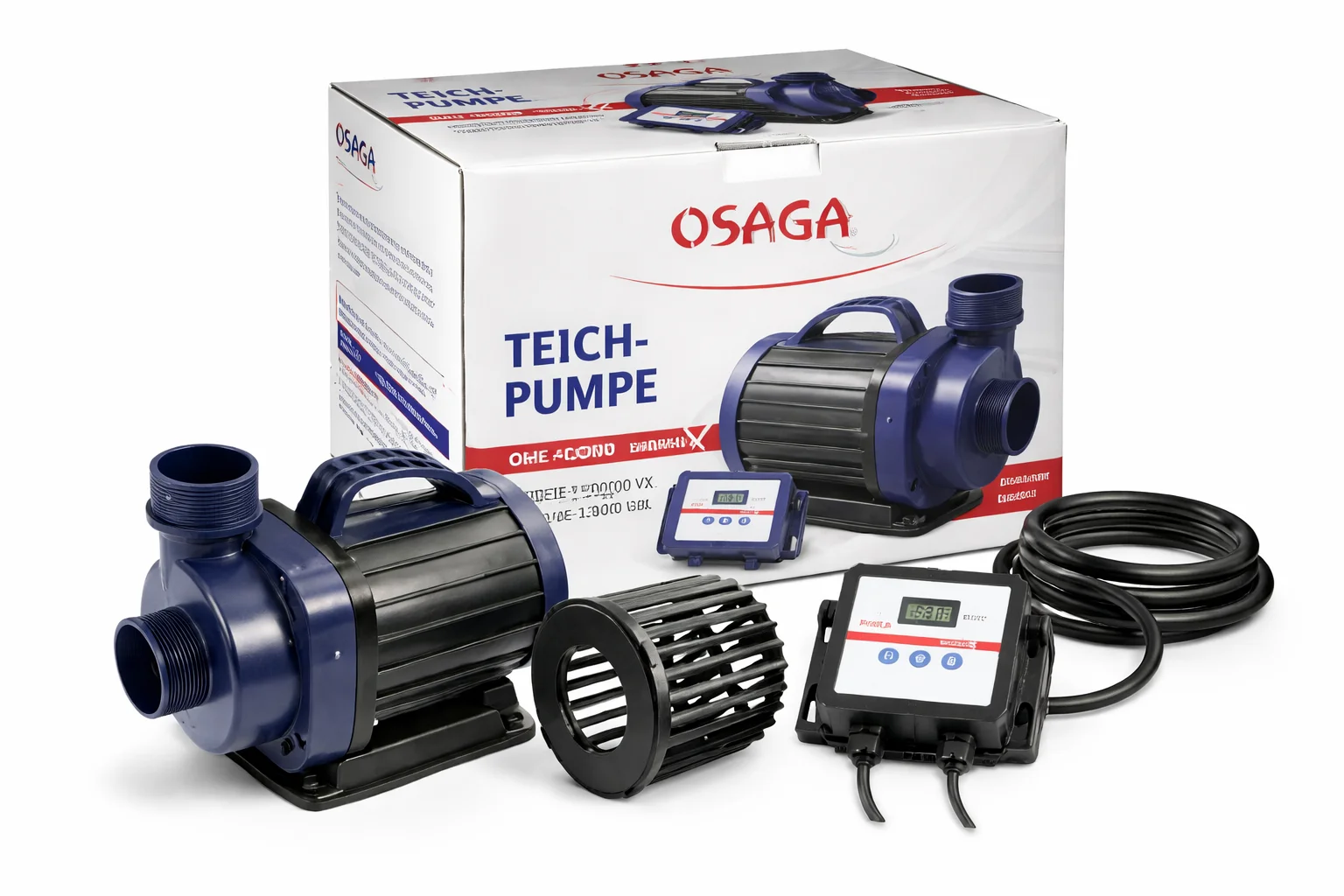 Osaga Teichpumpe Komplettset in Blau und Schwarz mit externem Steuergerät, Vorfilterkorb, langem Anschlusskabel und Produktverpackung im Hintergrund