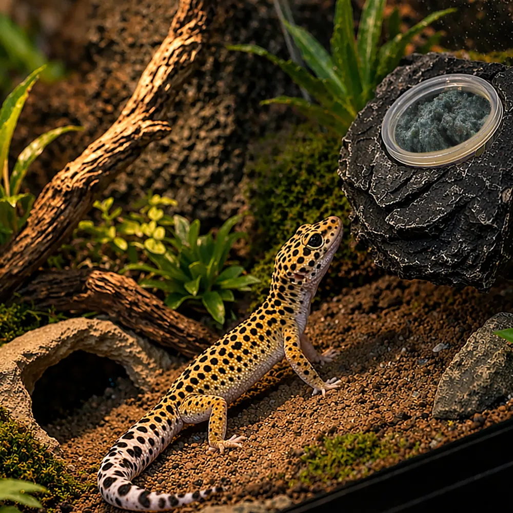 Gecko im Terrarium neben Hobby Gecko Station S, magnetische Futterplattform in Felsoptik mit Napf für Futterbrei und Jellys, sicher per Neodymmagnet an der Scheibe befestigt (13×9×4,5 cm)