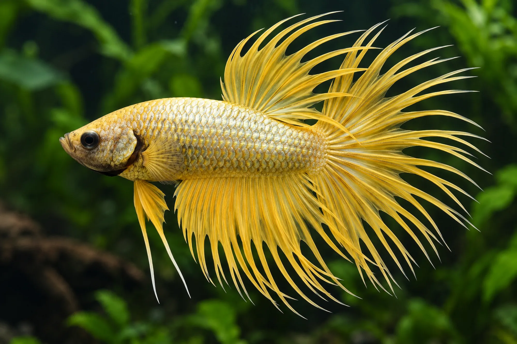 Crowntail Dragon Yellow, Betta splendens "Crowntail Dragon Yellow"