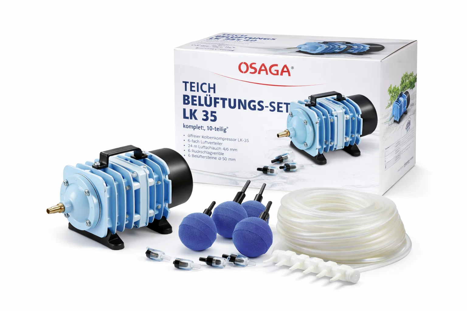 Osaga Teich-Belüftungs-Set LK 35, Produktansicht mit blauem ölfreiem Kolbenkompressor, sechs blauen Belüftersteinen, aufgewickeltem transparenten Luftschlauch, Rückschlagventilen und 6‑fach Luftverteiler