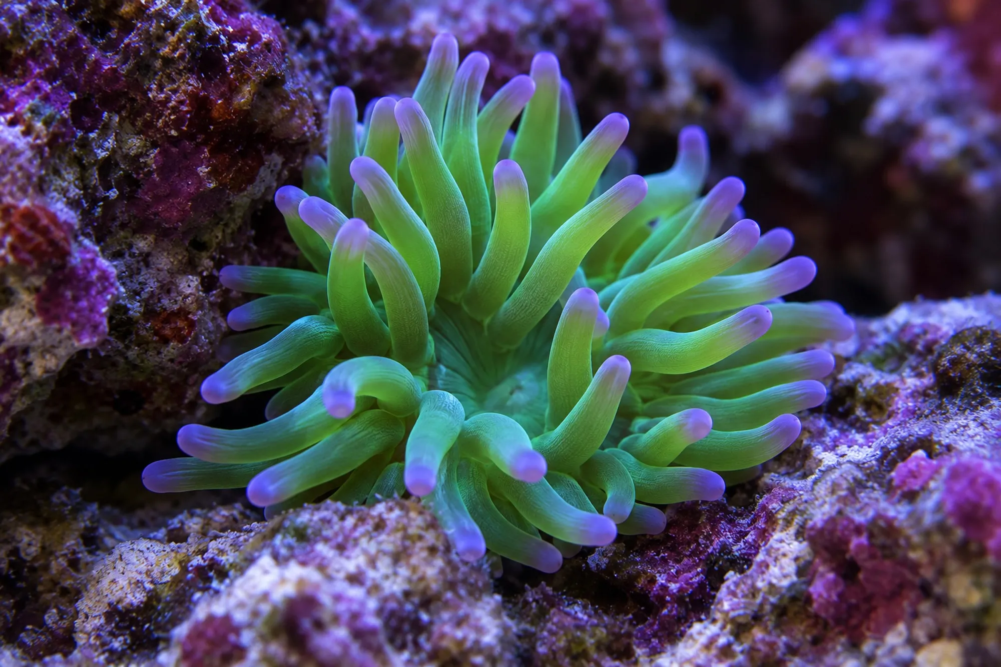Grüne Mini-Blasenanemone „Lila Tip“ (Nachzucht), Entacmaea spec., Größe S–M