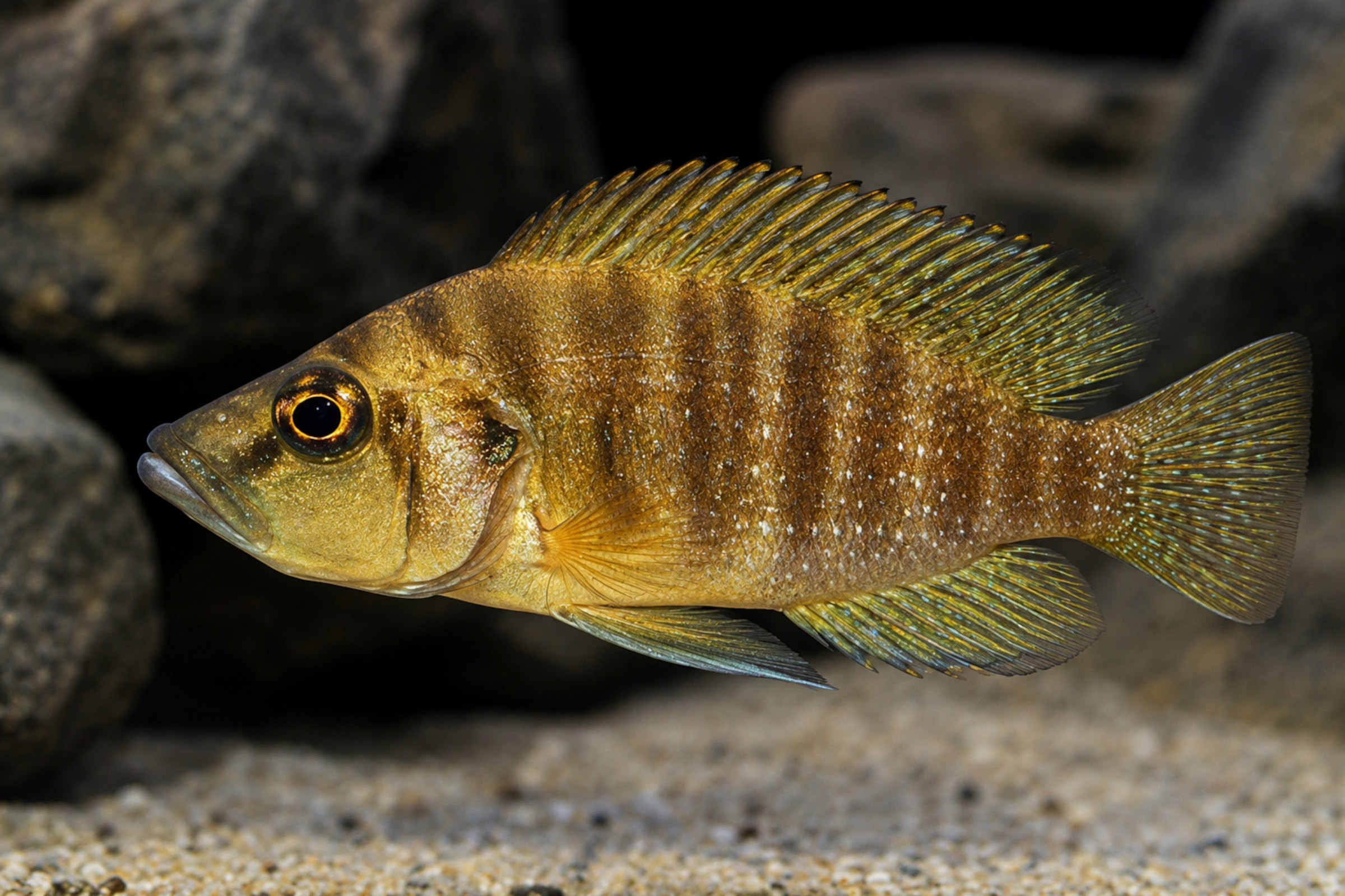 Motundwe-Nanderbuntbarsch Altolamprologus compressiceps „Mutondwe“ – seitliche Nahaufnahme eines goldbraunen, hochrückigen Buntbarsches mit ausgeprägter Rückenflosse vor felsigem Tanganjika-Aquarium