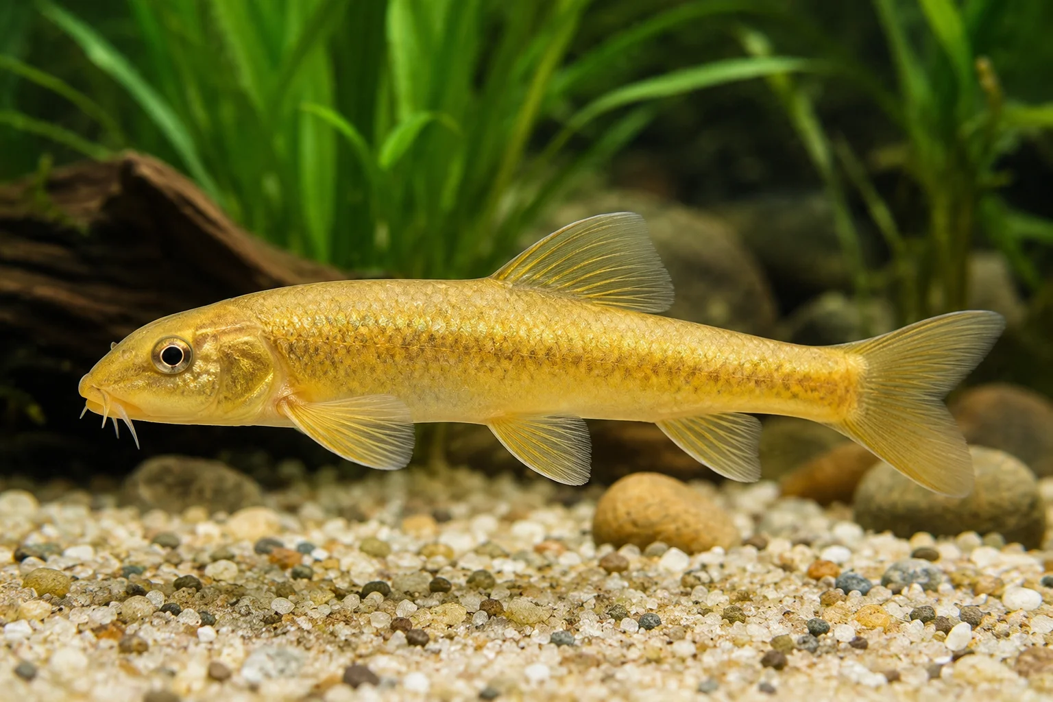 Goldgründling (Gobio gobio Gold), goldener Gründling mit feinen Barteln und hellem Schimmer, 9–11 cm, bei Futtersuche über Sand und Kies an flachem Pflanzenrand