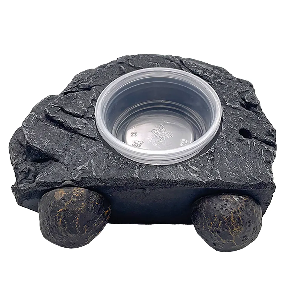 Hobby Gecko Station S magnetischer Futterplatz: schiefergraue, täuschend echte Felsplattform mit eingesetzter transparenter Futterschale und runden Magnetfüßen zur Befestigung an der Terrarienscheibe (13×9×4,5 cm)