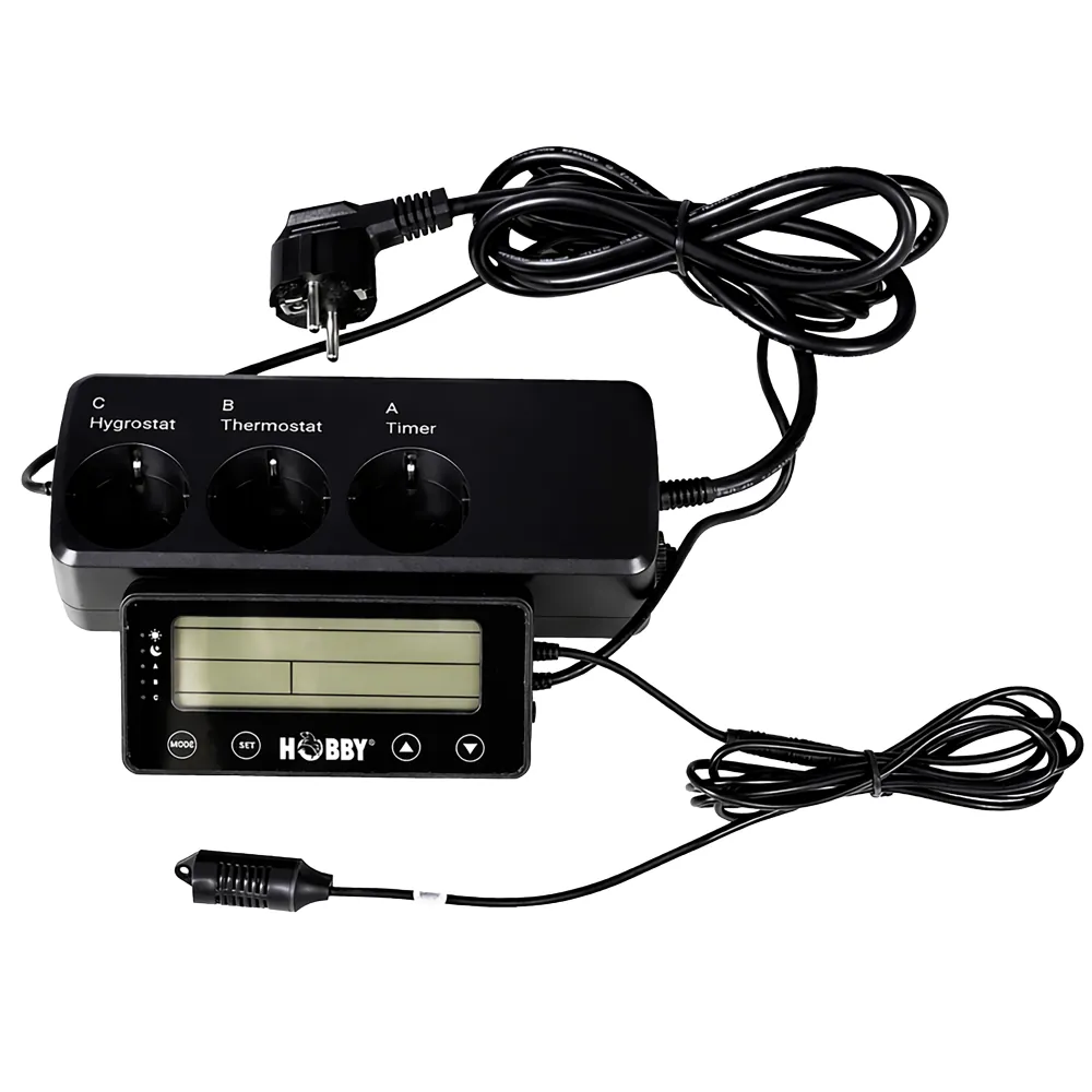 Hobby Biotherm Easy Control Klimacontroller für Terrarien, schwarzes Gerät mit LCD-Display, drei Steckkanälen (Thermostat, Hygrostat, Timer) und Sensoranschluss zur Steuerung von Temperatur, Luftfeuchte und Beleuchtung