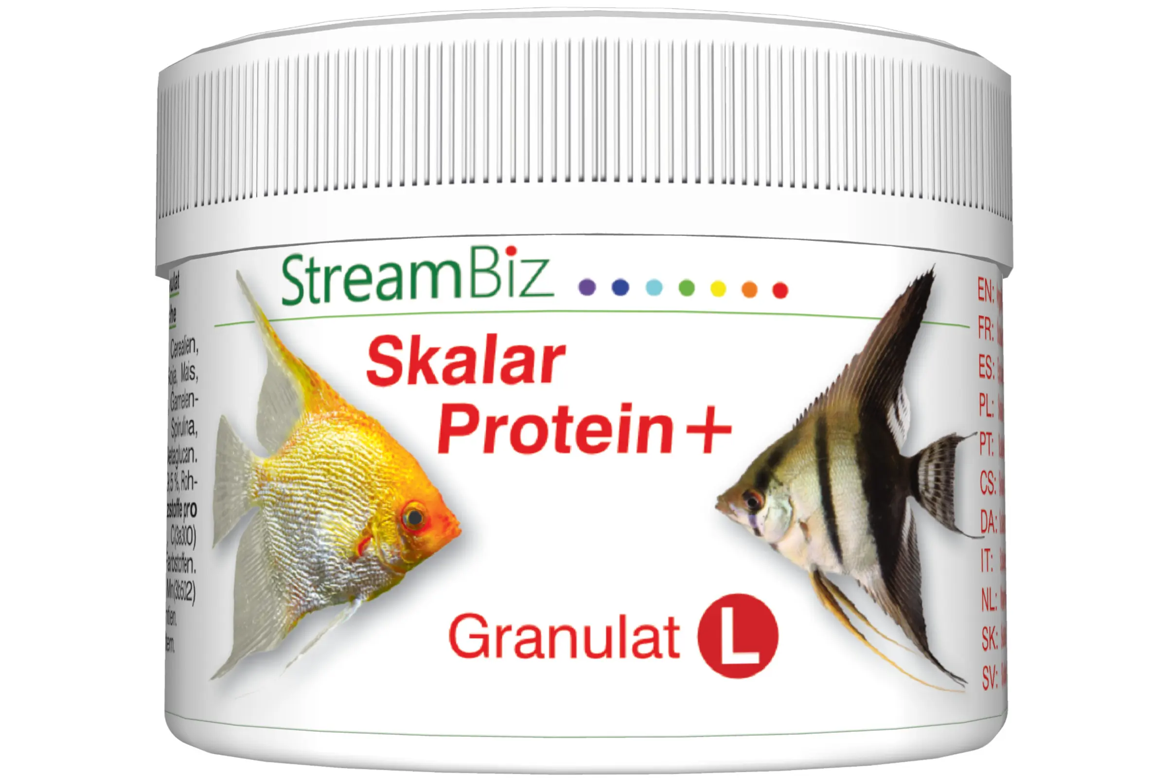 Dose Streambiz Skalar Protein L Granulat 80 g, Fischfutter mit 16% Spirulina und Catappa-Extrakt, weißes Etikett mit Produktname und zwei Skalar-Fischen