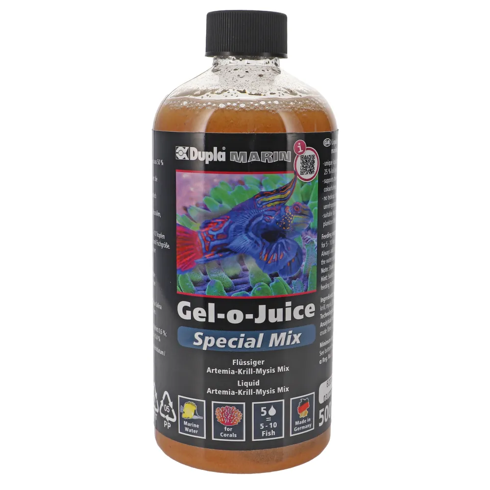 Flasche Dupla Marin Gel-o-Juice Special Mix 500 ml, Flüssigfutter (Artemia-Krill-Mysis) für Meerwasseraquarien, Etikett mit Fischmotiv