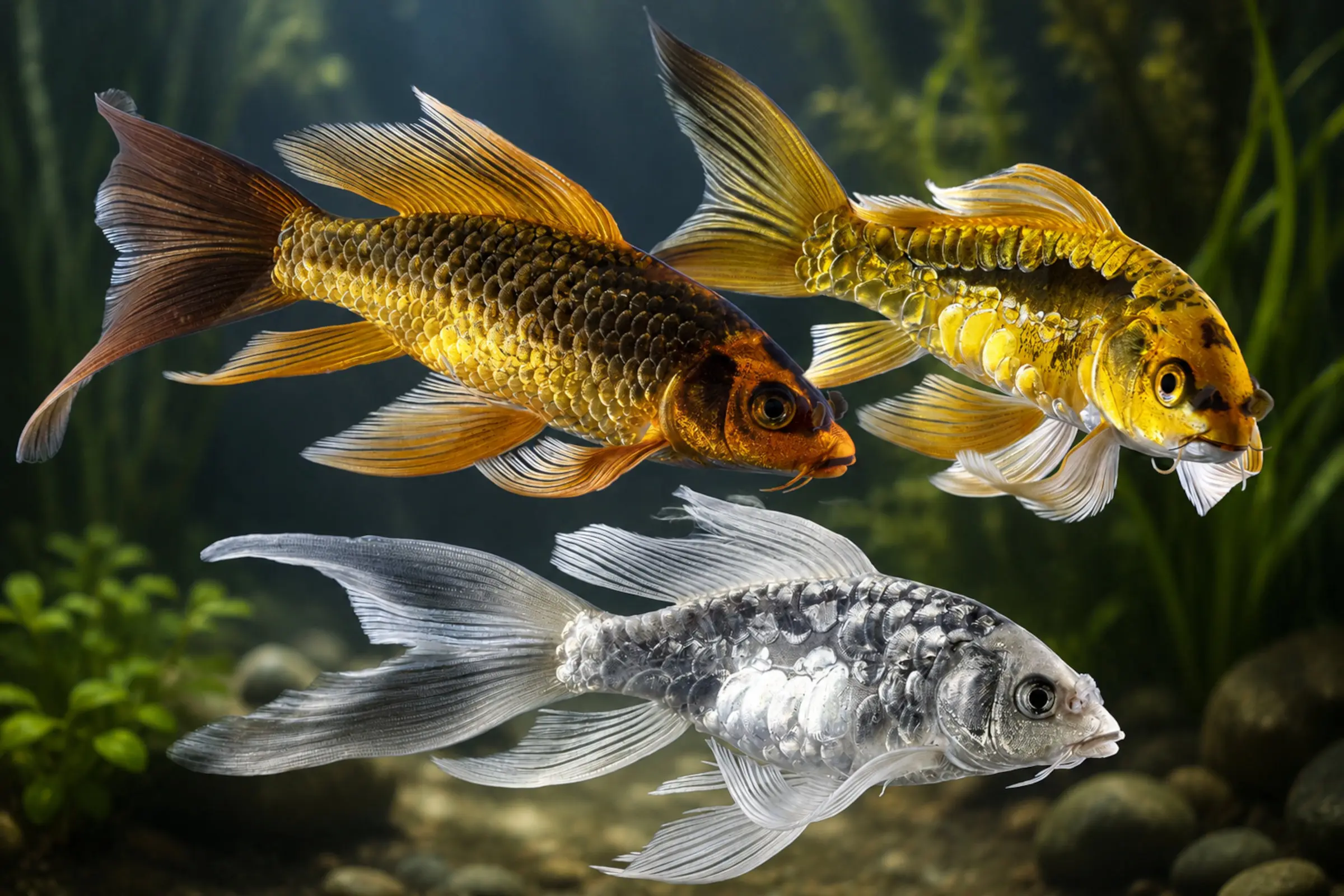 Nahaufnahme von zwei Koifischen (goldener und silberner Koi) mit glänzenden Schuppen und langen Flossen im Aquarium, ideal für Dekoration oder Produktabbildung