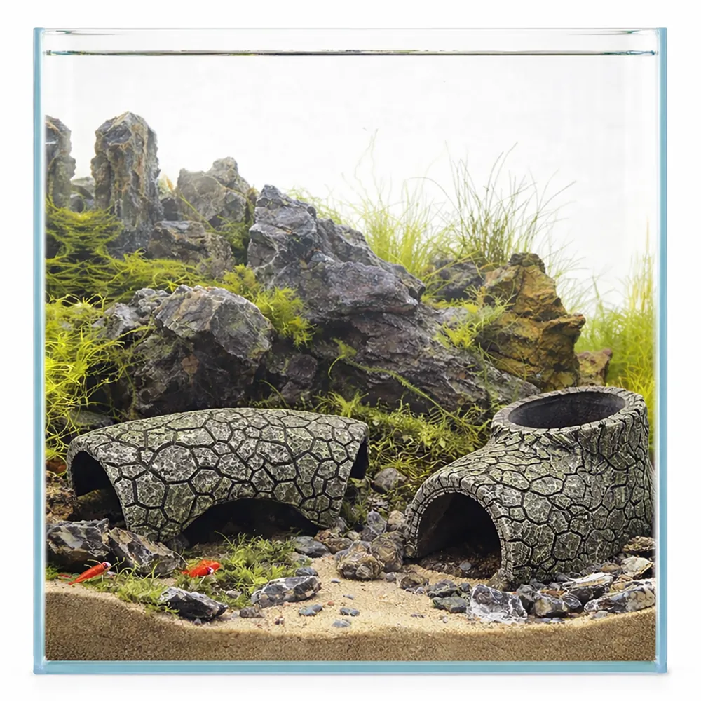 Hobby Cracked Rock Cave 2 (19 x 14 x 8 cm) im Aquarium: steinoptische Höhlen mit kantiger Bruchstruktur und Gesteinsmaserung als Rückzugsort für Fische, Garnelen und Reptilien, integriert in Fels- und Geröll-Layout