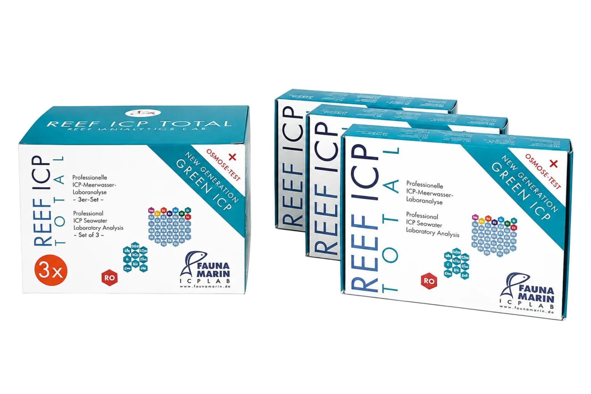 Fauna Marin Reef ICP Total 3er Set inkl. Osmosewasseranalyse – KI-generierte Abbildung aus Produktreferenz