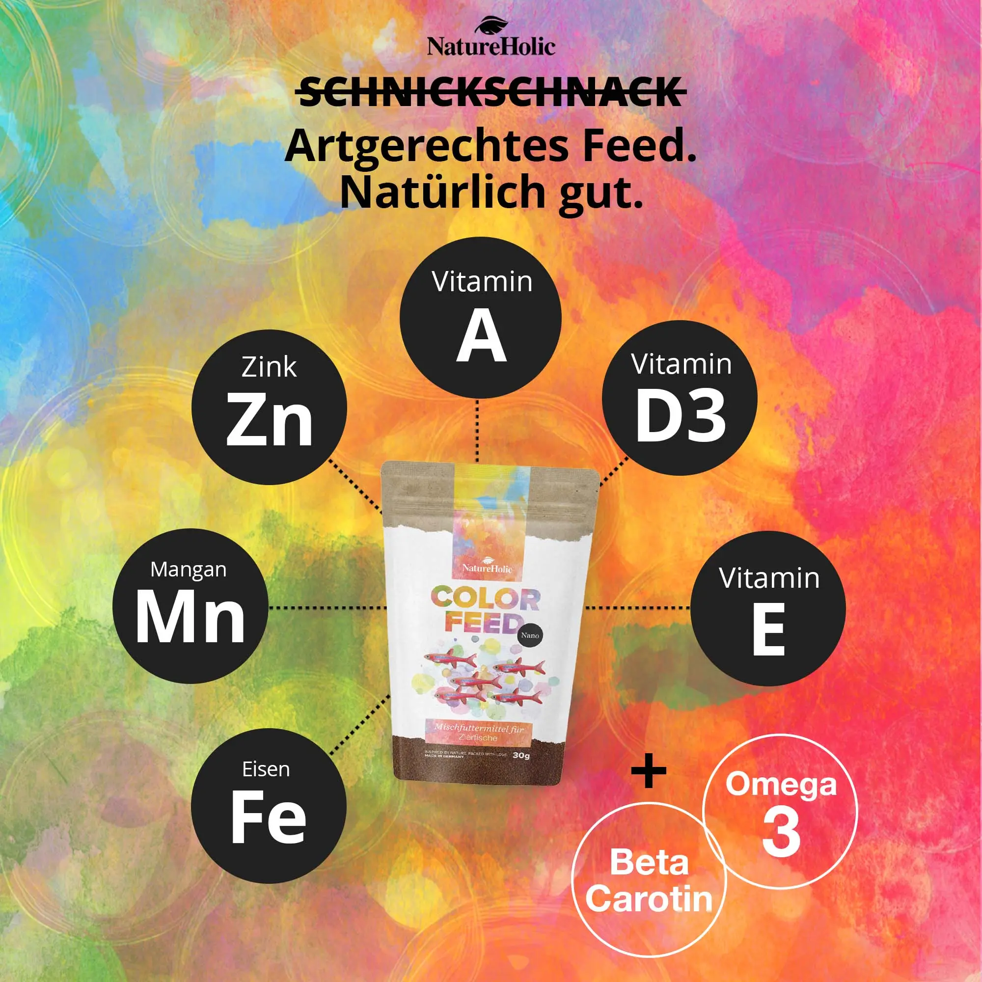 Color Feed Fischfutter Packung vor buntem Hintergrund