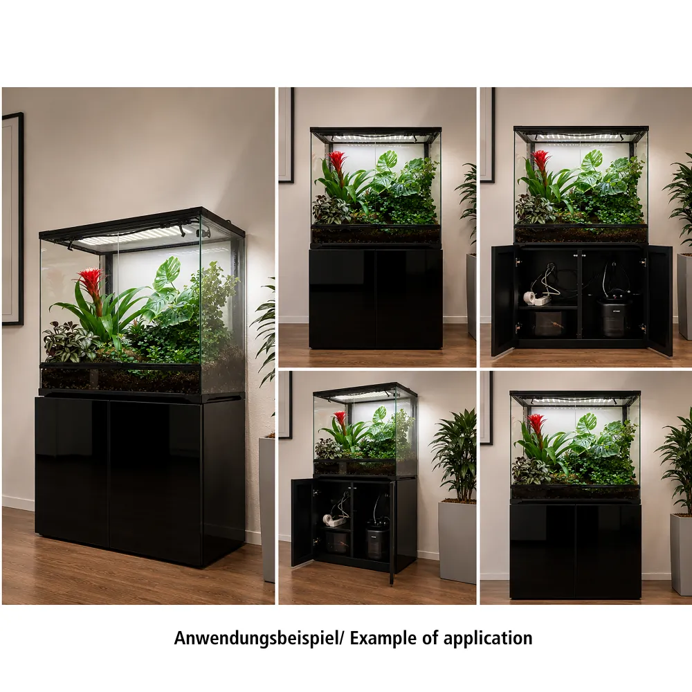 Mehrere Ansichten: terrarium auf Hobby Terra Fix & Easy Stand 90 black (91,4×45,7×90 cm). Schwarzer FSC®-Holz-Unterschrank mit schwarzer Glas-Tür, Regalboden, zwei Kabeldurchführungen und geöffneter Tür mit versteckter Technik (Heizung, Nebler, Kabel).