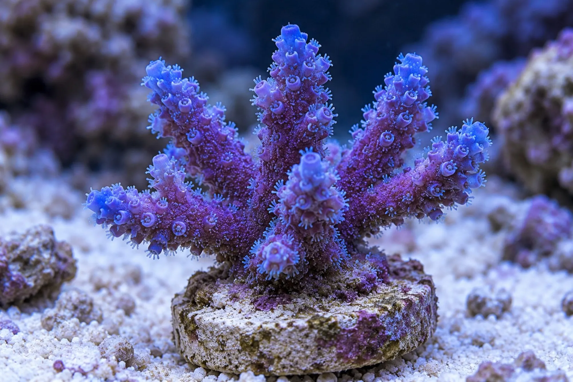 Acropora-Steinkoralle „Lila/Blau“ (Nachzucht), Acropora spec., Größe M–L