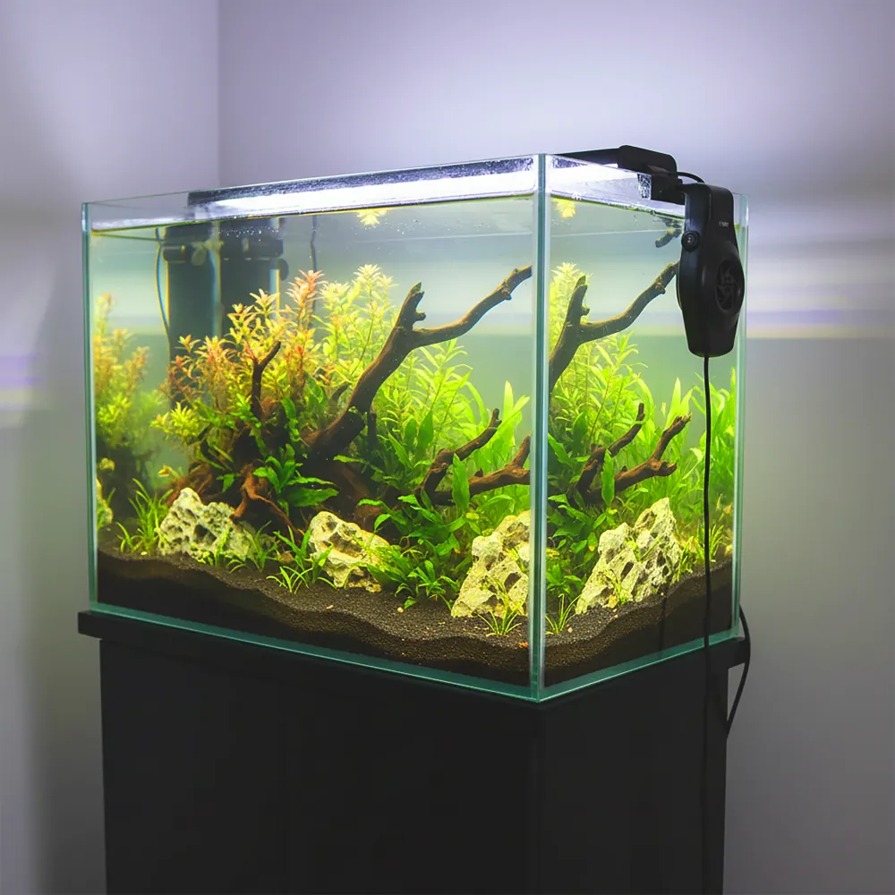 Rechteckiges Glas-Aquarium auf Unterschrank: dicht bepflanztes Aquascape mit verwurzeltem Holz, weißen Dekofelsen, dunklem Bodengrund, LED-Beleuchtung oben und Außenfilter an der rechten Seite
