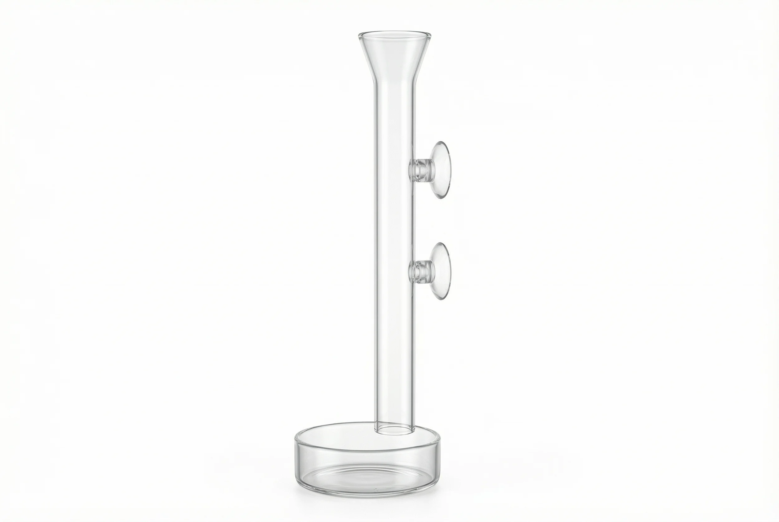 Transparenter Glas-Propagator: senkrechter Zylinder mit zwei Saugnäpfen zur Wandbefestigung und runder Auffangschale