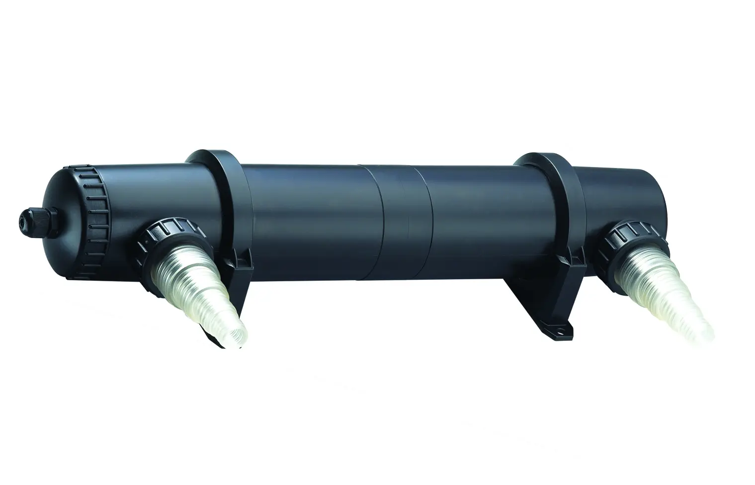 Schwarzer zylindrischer Osaga UVC-Teichklärer mit Schlauchanschlüssen und Montagefüßen, Durchflussgerät zur UV-C-Behandlung von Teichwasser, geeignet für die Varianten 7–55 Watt, reduziert Schwebealgen für klares Wasser