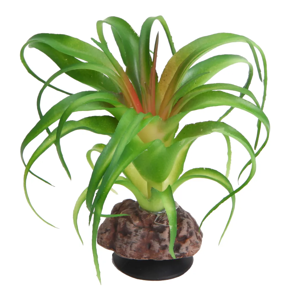 Künstliche Luftpflanze mit langen grünen Blättern auf dekorativer Steinbasis, ideal als Aquarium-, Terrarien- oder Wohnraum-Deko