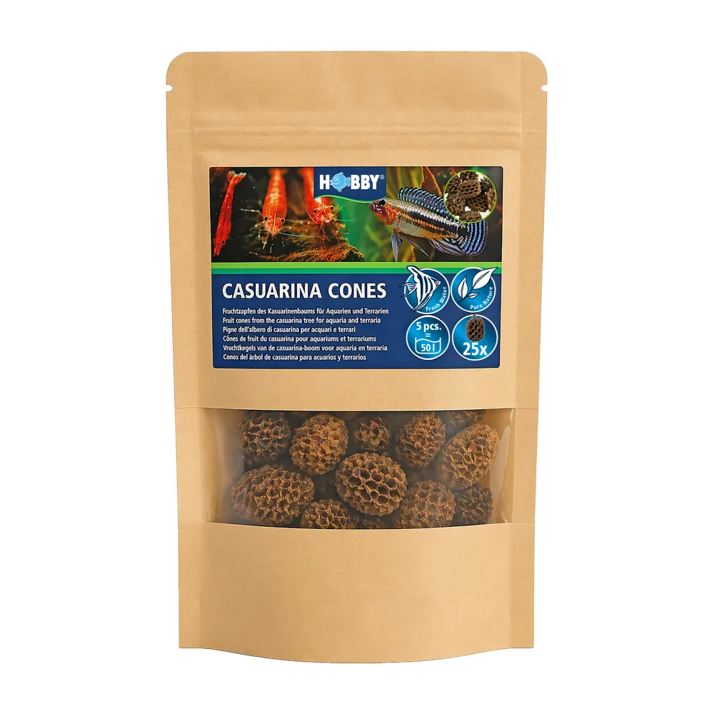 Hobby Casuarina Cones, Kasuarinen-Zapfen 25 Stück im Standbeutel mit Sichtfenster – feste Natur-Zapfen für Aquarium und Terrarium, geben Huminstoffe ab, fördern weiches leicht saures Wasser und dienen Garnelen, Fischen & Wirbellosen als Weidefläche und Ve
