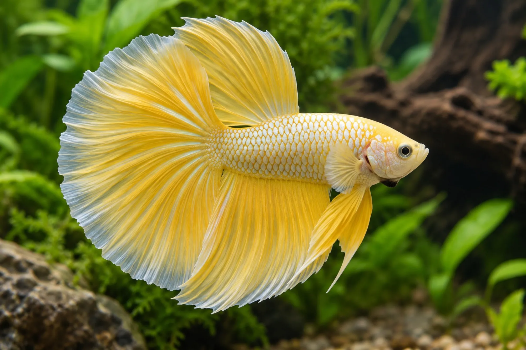 Halfmoon-Dragon-Kampffisch „Yellow“, Männchen, Betta splendens