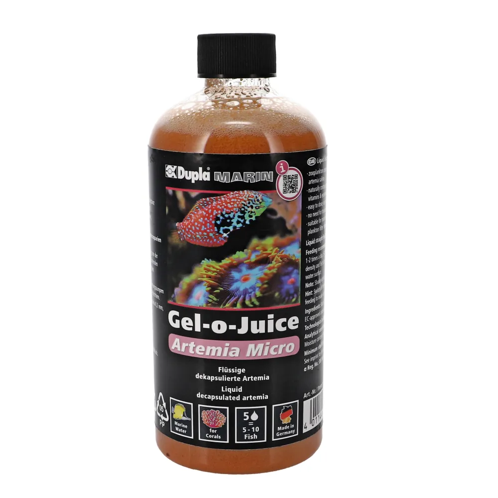 Flasche Dupla Marin Gel-o-Juice Artemia Micro 500 ml, Flüssigfutter mit feinen dekapsulierten Artemia (ca. 0,2 mm) für Korallen, LPS und Planktonfiltrierer; Produktetikett sichtbar