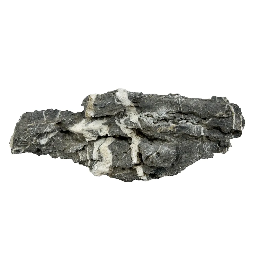 Grau-schwarzer, schichtiger Deko-Felsen mit markanten weißen Quarzadern, ideal als natürlicher Blickfang für Aquarium oder Terrarium