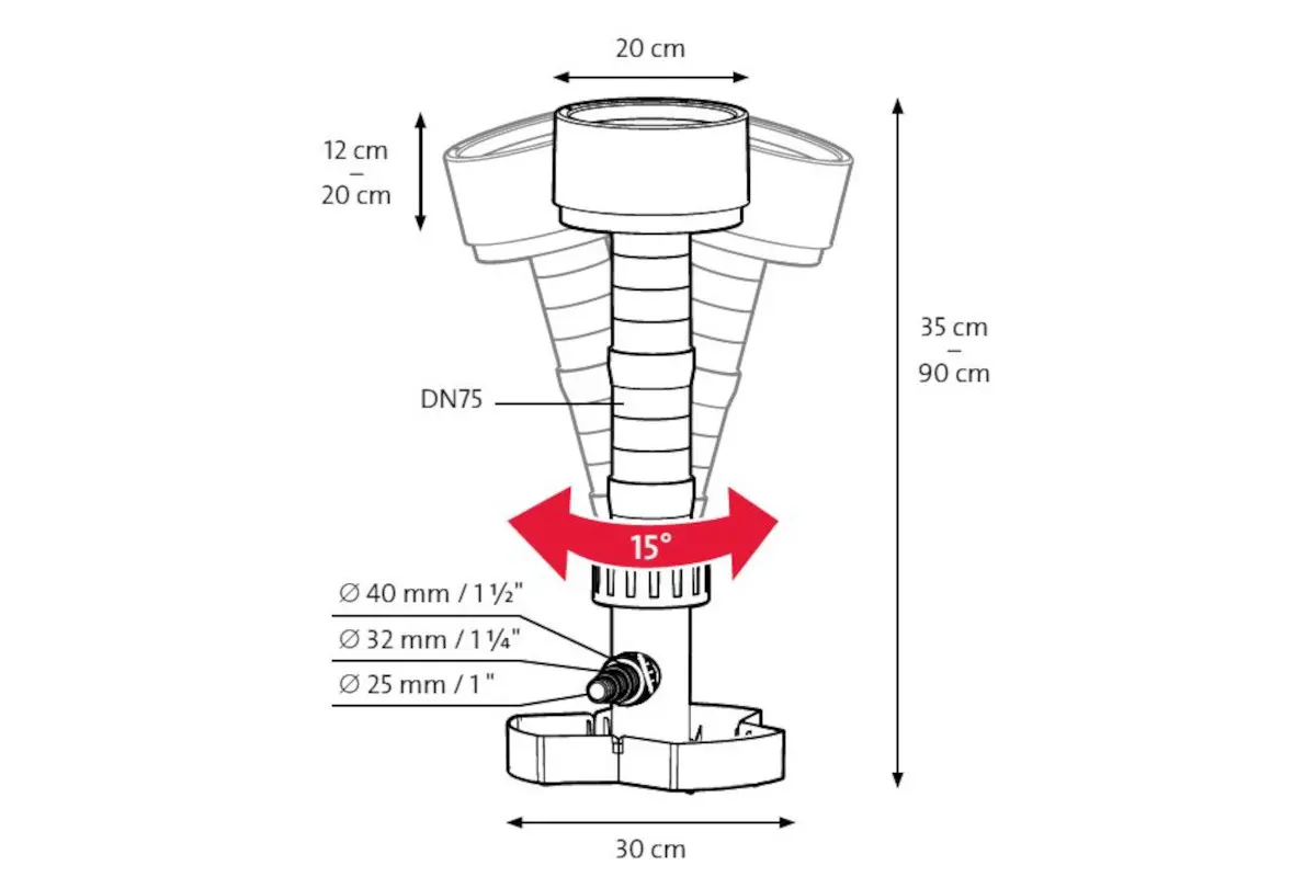 Skizze verstellbarer Bewässerungsadapter DN75, Höhenverstellung 35–90 cm, Oberteil Ø20 cm, Basisbreite 30 cm, Anschlüsse Ø40/32/25 mm, schwenkbar 15°